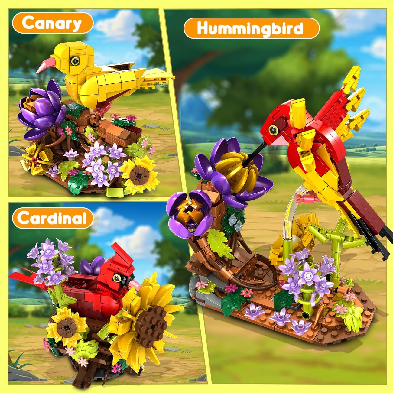 Three different bird models (canary, hummingbird, cardinal) from the CUBIMANA building set