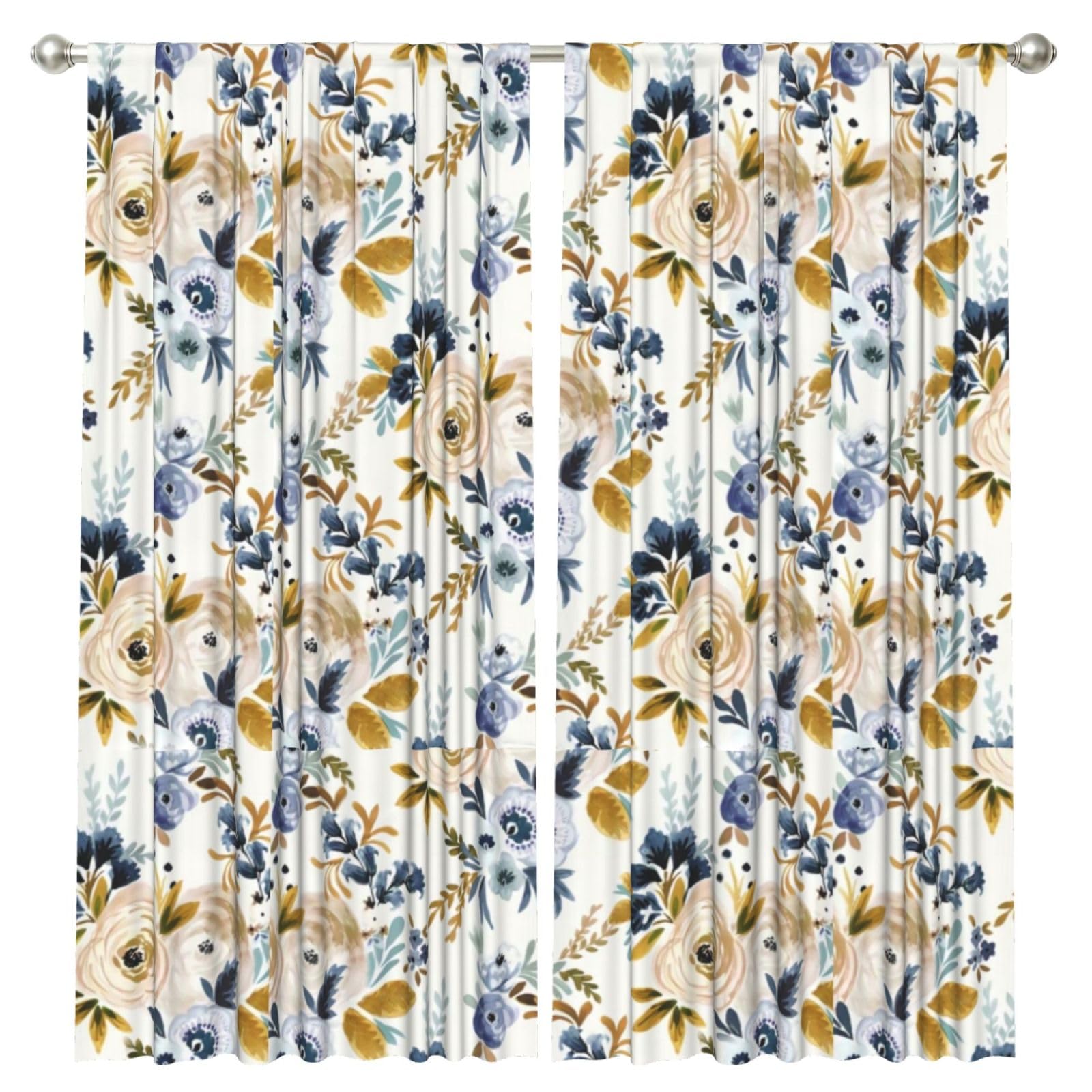 InOmak Floral Blue Mustard, 2 Panels Window Curtains 52 x 84 Inch Blackout Curtains for Living Room Bedroom