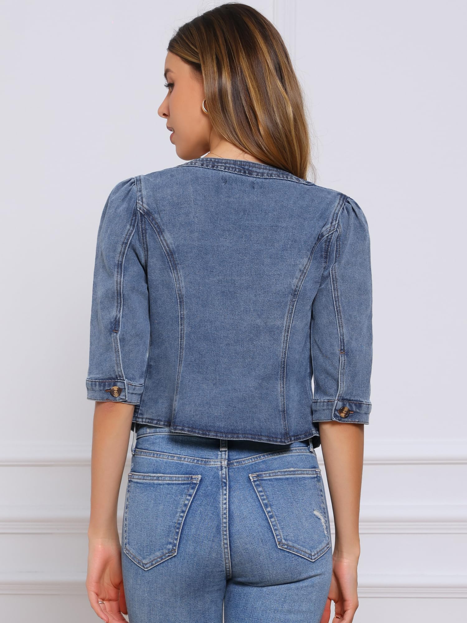 Allegra K Veste en Jean pour Femme Sans Col à Manches 3/4 Devant Ouvert Blouson en Demin Délavé