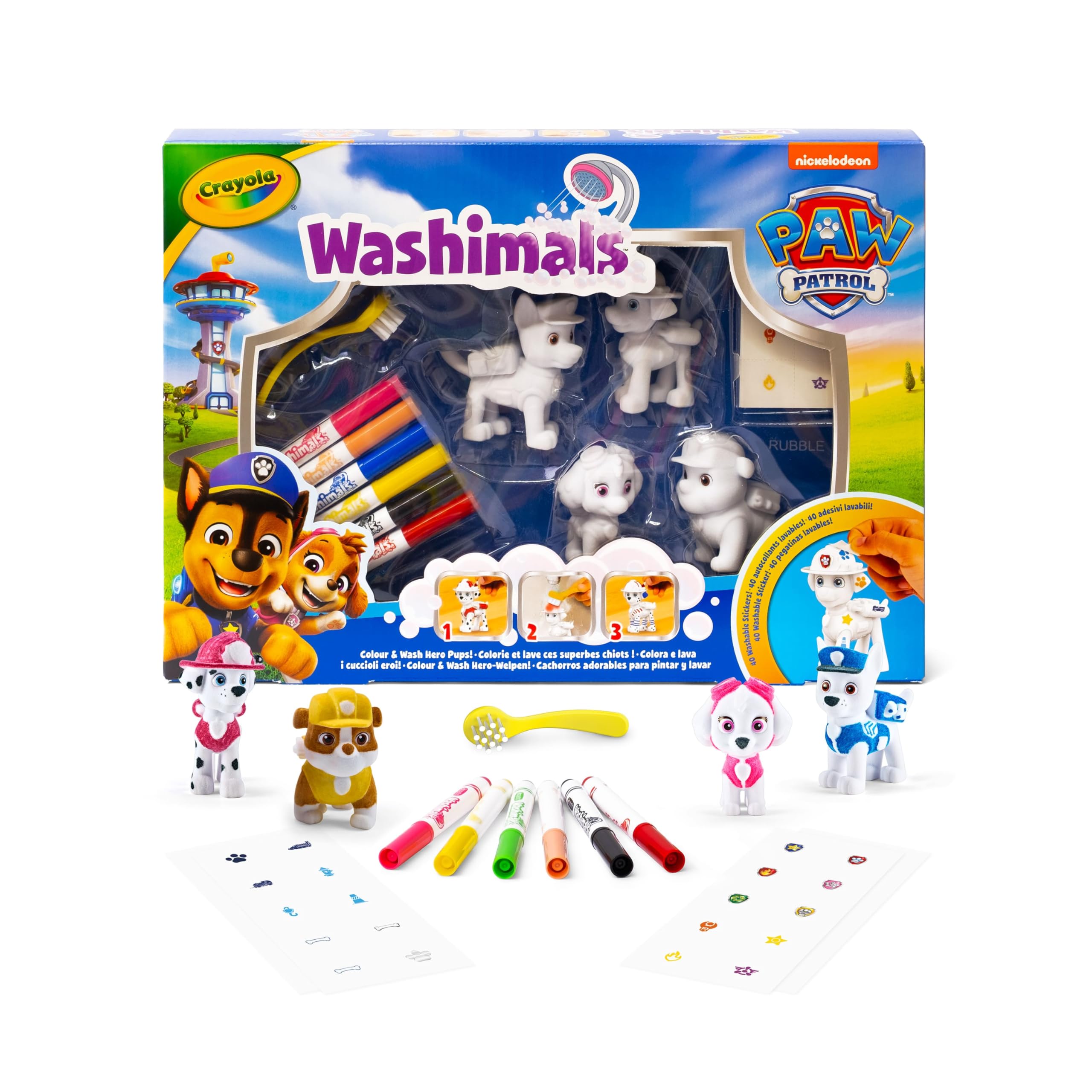 CRAYOLA Washimals - Paw Patrol Activity Set |Includes 4 Washable Figures, 6 Washable Markers, 40 Stickers and Brush | Suitable for Ages 3+