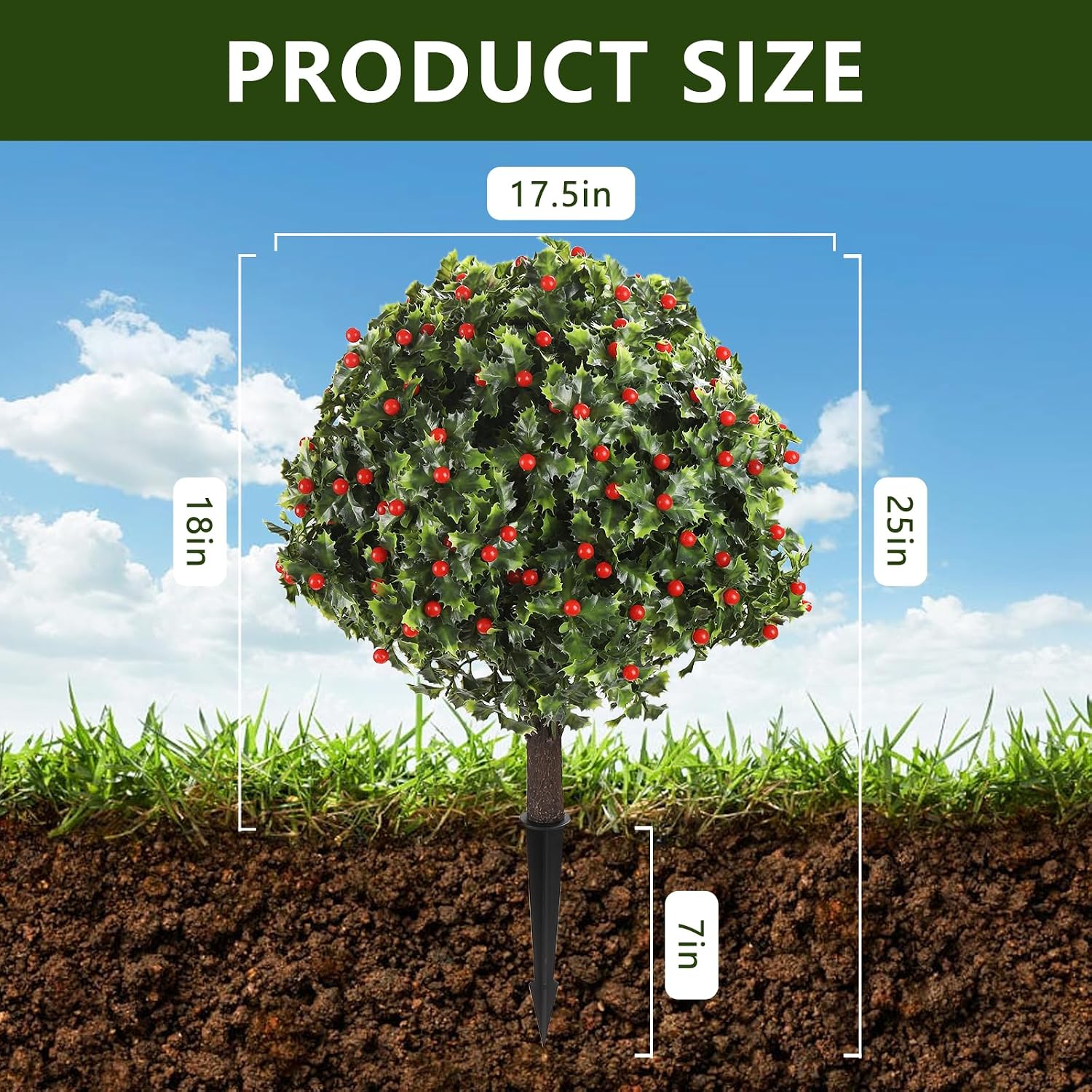 MARCH WIND 2Pcs Artificial Holly Topiary Ball with Red Berries, 18 Inch UV Resistant Fake Evergreen Bush, Ground Stake Shrub for Porch Garden Yard Christmas Decor