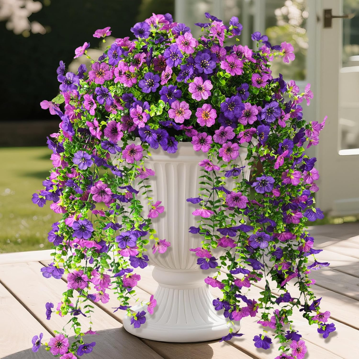 Homsunny Artificial Hanging Flowers for Outdoor, 2PCS Fake Flowers Faux Silk Daisy with Eucalyptus Leaves, UV Resistant Aritificial Flowers for Spring Home Patio Yard Porch Decor (Double Purple)