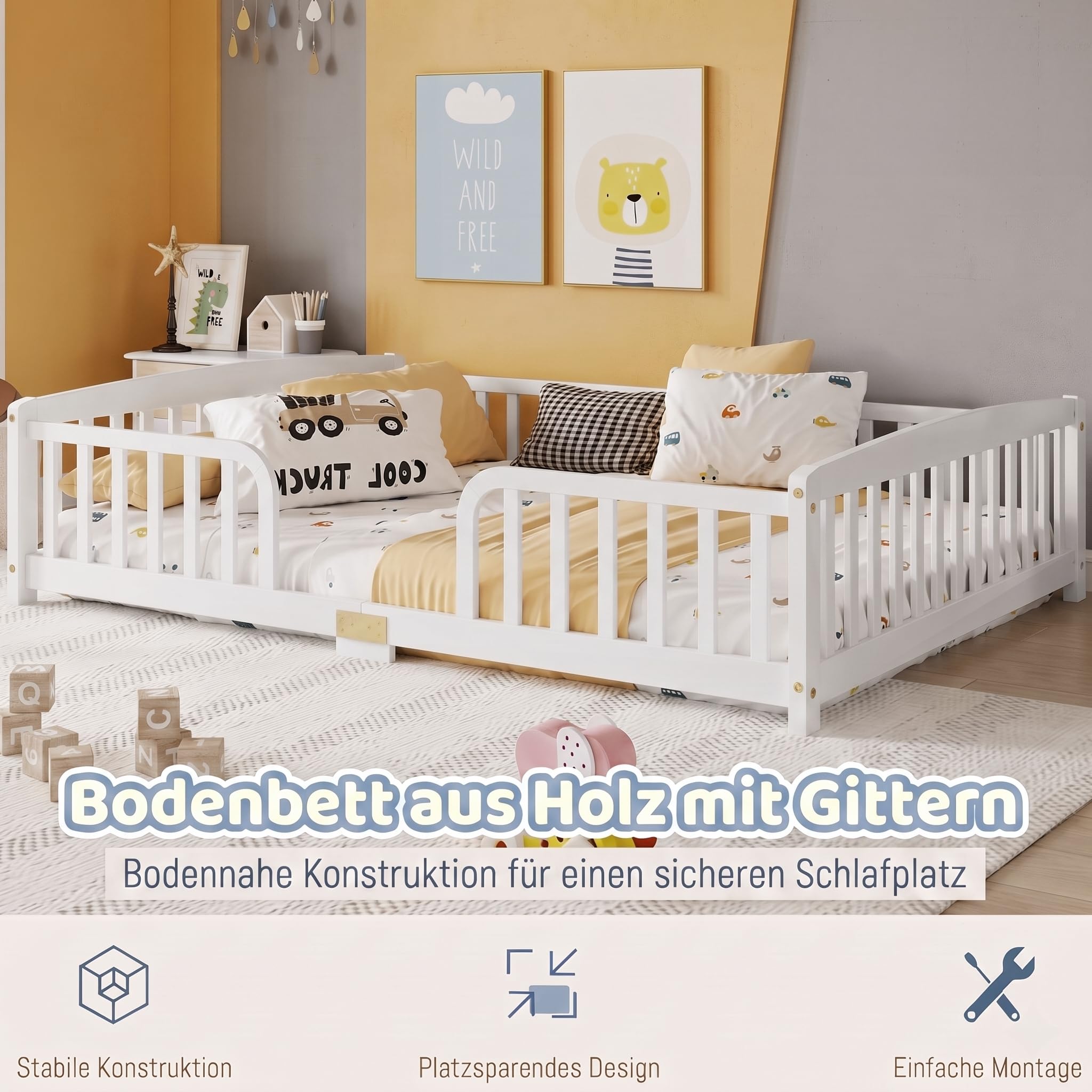Letto in Legno 140x200 in Pino e Compensato Letto Matrimoniale con Ingresso Centrale Arrotondato e Barriere a Stecche Bed Vicino al Pavimento senza Doghe né Materasso per Camera