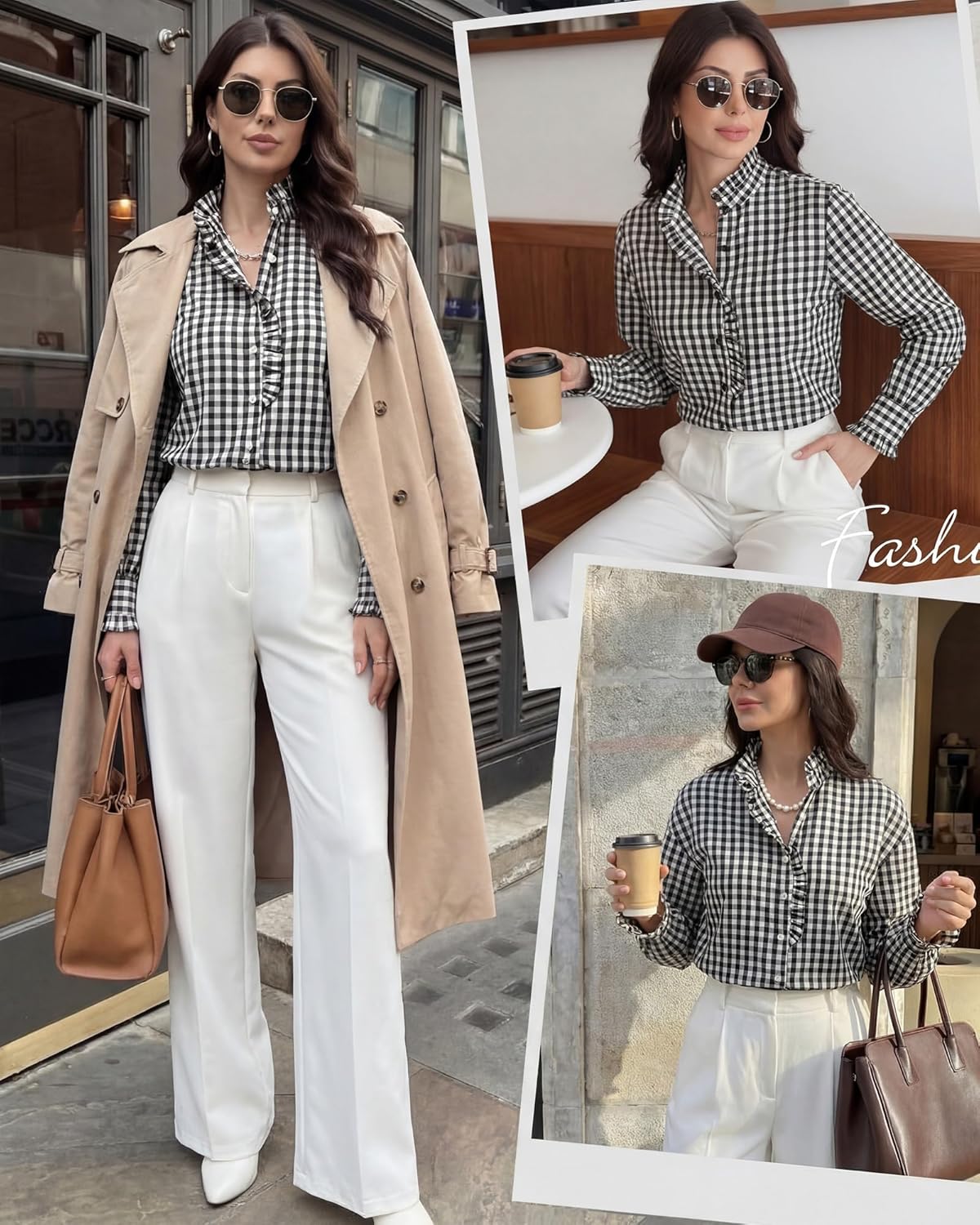 Womens Plaid Ruffle Collar V Neck Button Down Blouse Long Sleeve Gingham Shirts Retro Casual Work Checkered Tops - Image 2