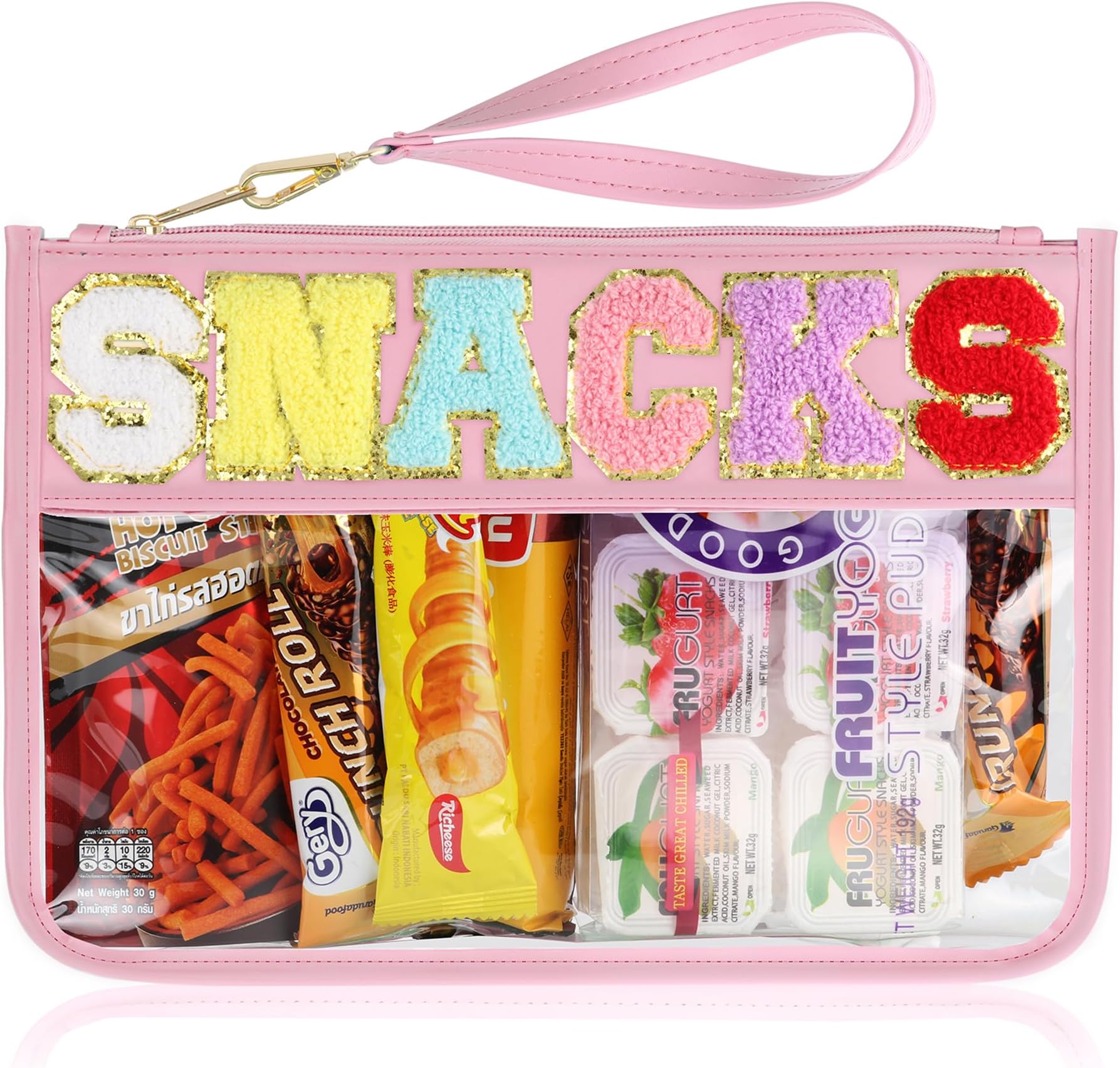 Snack Bag for Travel - Clear Chenille Varsity Letter Flat Pouch with Zipper, 12.2×8.46 inch Waterproof Clear Nylon Preppy Patch Makeup Cosmetic tote Bags for Women Girls