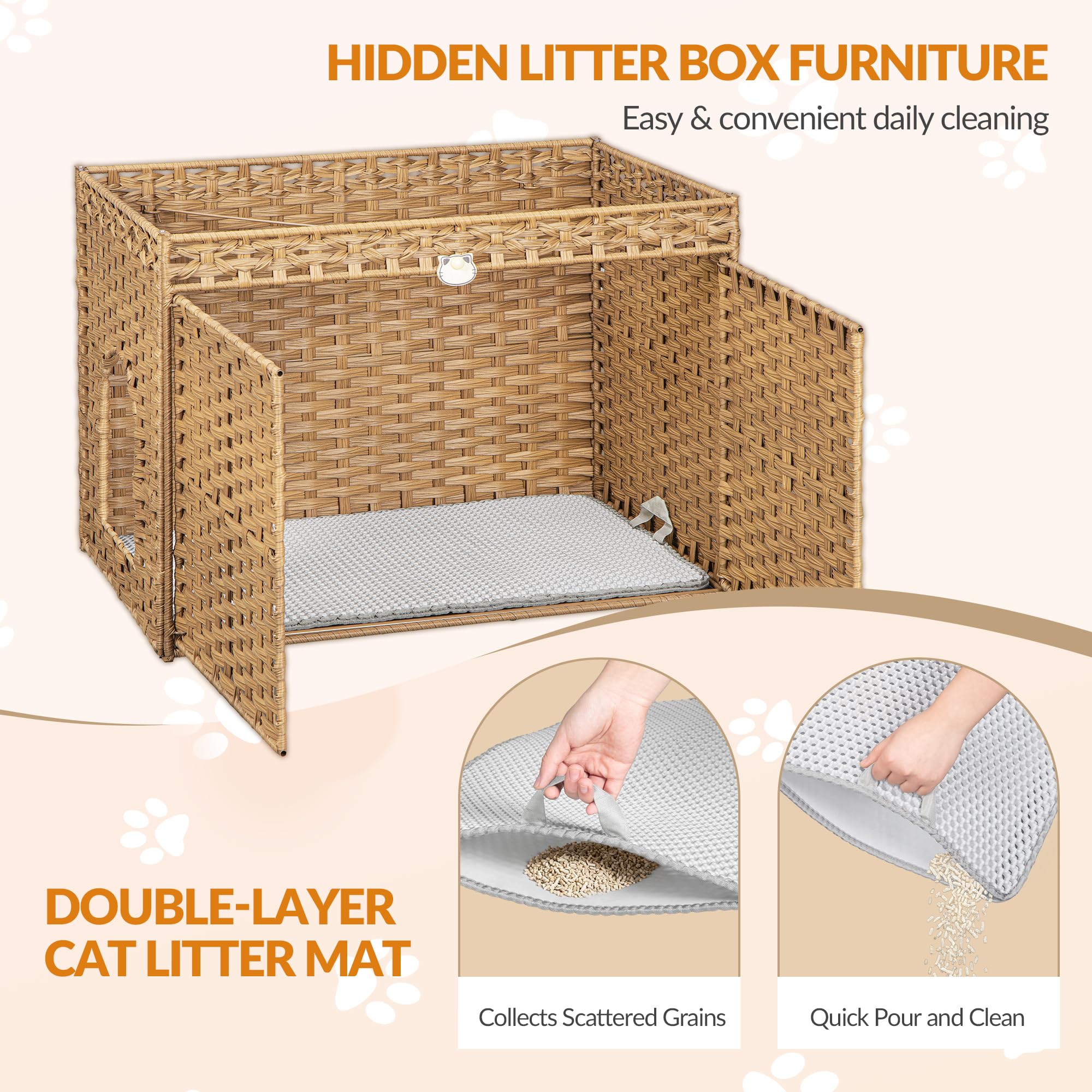 Katzenklo Schrank, Handgewebtes Rattan Katzenhaus, Natur | Katzenschrank Möbel mit Matte und Zaun, Katzenklo Versteckt in Möbeloptik mit 2 S-Haken, Wohn, 77 x 46,5 x 55 cm FPCB001RN1