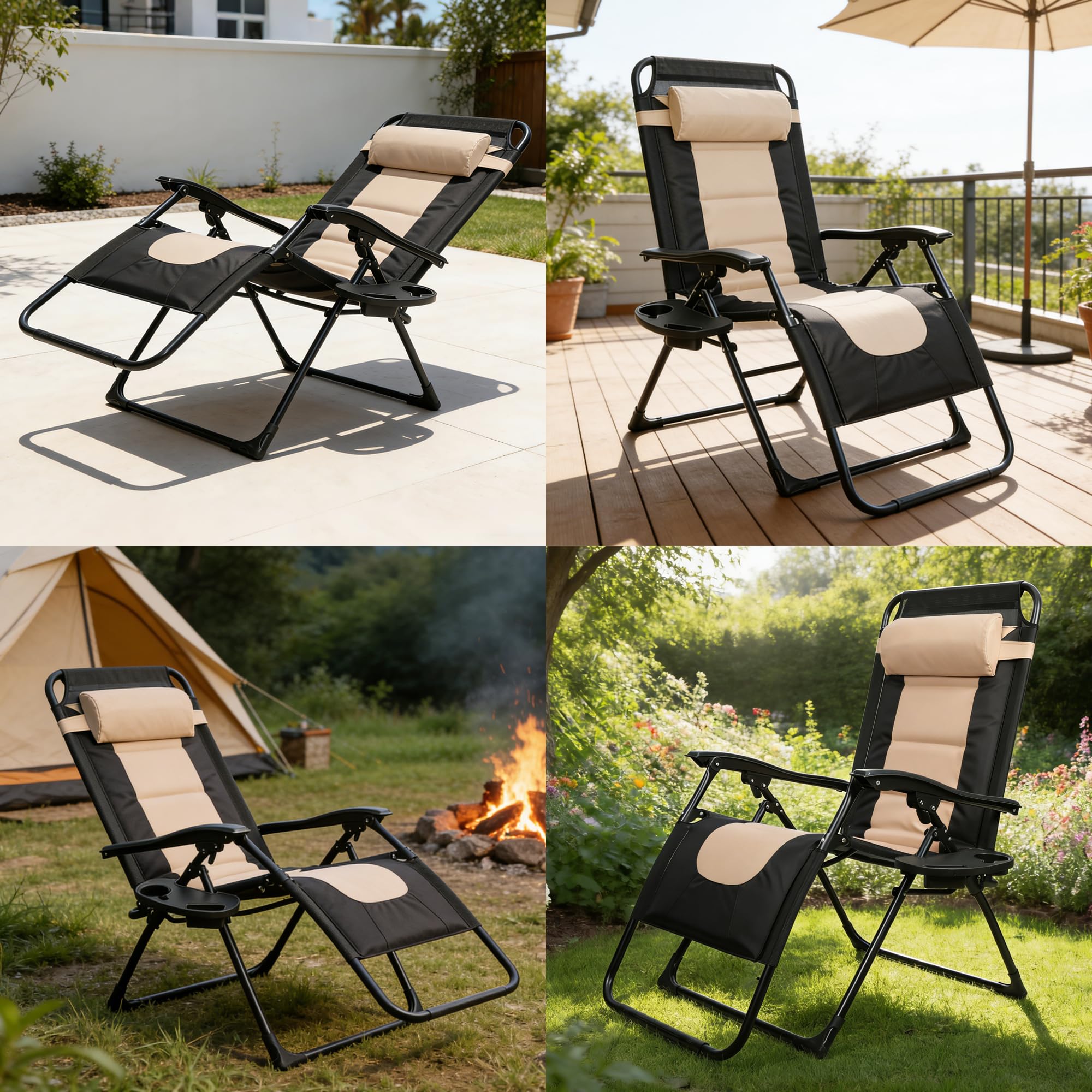 Liegestuhl Garten Klappbar Sonnenliege Wetterfest bis 150kg, Gartenliege mit Kopfkissen & Getränkehalter, Outdoor Liege Verstellbare Relaxliege, Liegestuhl Balkon für Pool Terrasse (Khaki)