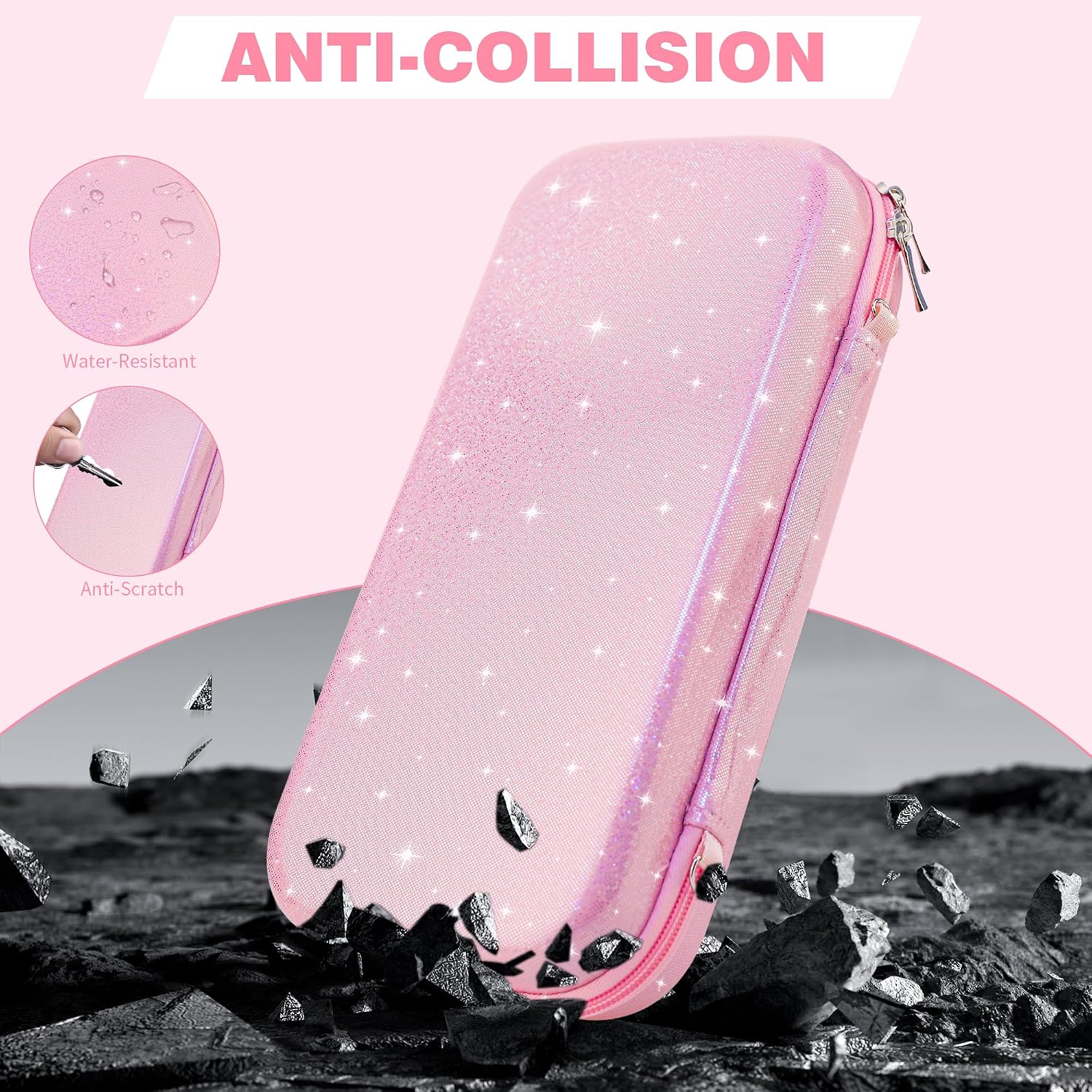 RHOTALL Pink Glitter Carrying Case for Nintendo Switch 2, Cute Slim Hard Protective Travel Case, Clear Glitter Dockable Shell Cover, Screen Protector, Shoulder Strap, 2 Thumb Caps - Girls