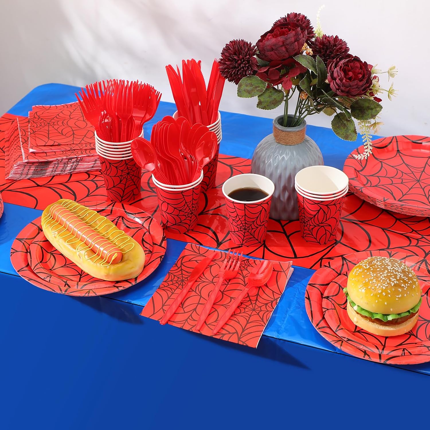 Oudain 162 Spider Birthday Party Decoration Supplies Red Blue Disposable Rectangular Spider Web Tablecloth Paper Plates Napkins Cups Set Plastic Dinner Tableware Forks Spoons Knifes - Image 4