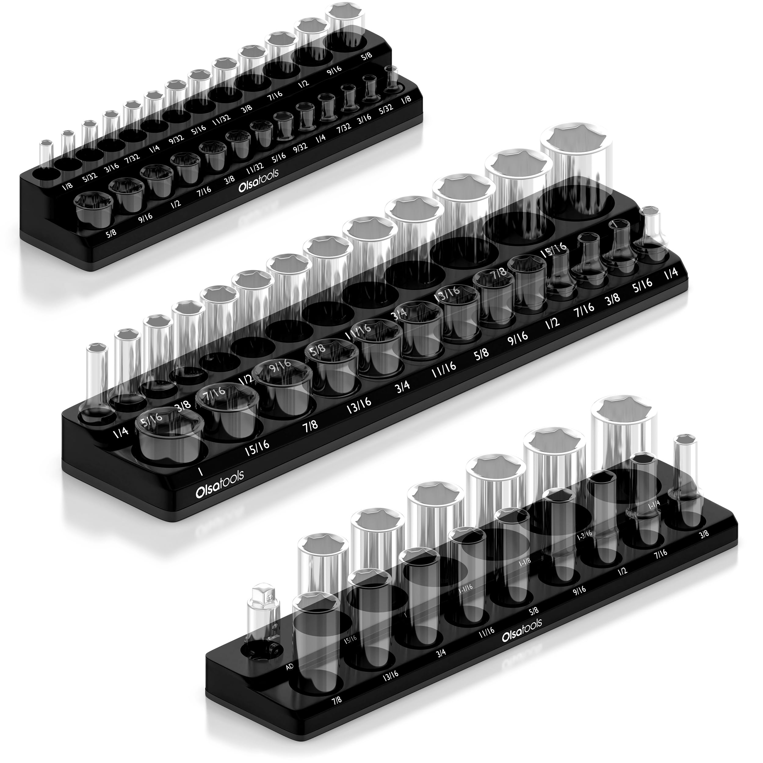 Olsa Tools Organizador magnético de llaves de vaso | Kit de soporte de 3 piezas | Unidad de 1/2 pulgadas, 3/8 pulgadas y 1/4 pulgadas | SAE negro | Capacidad para 68 llaves de vaso | Organizador de