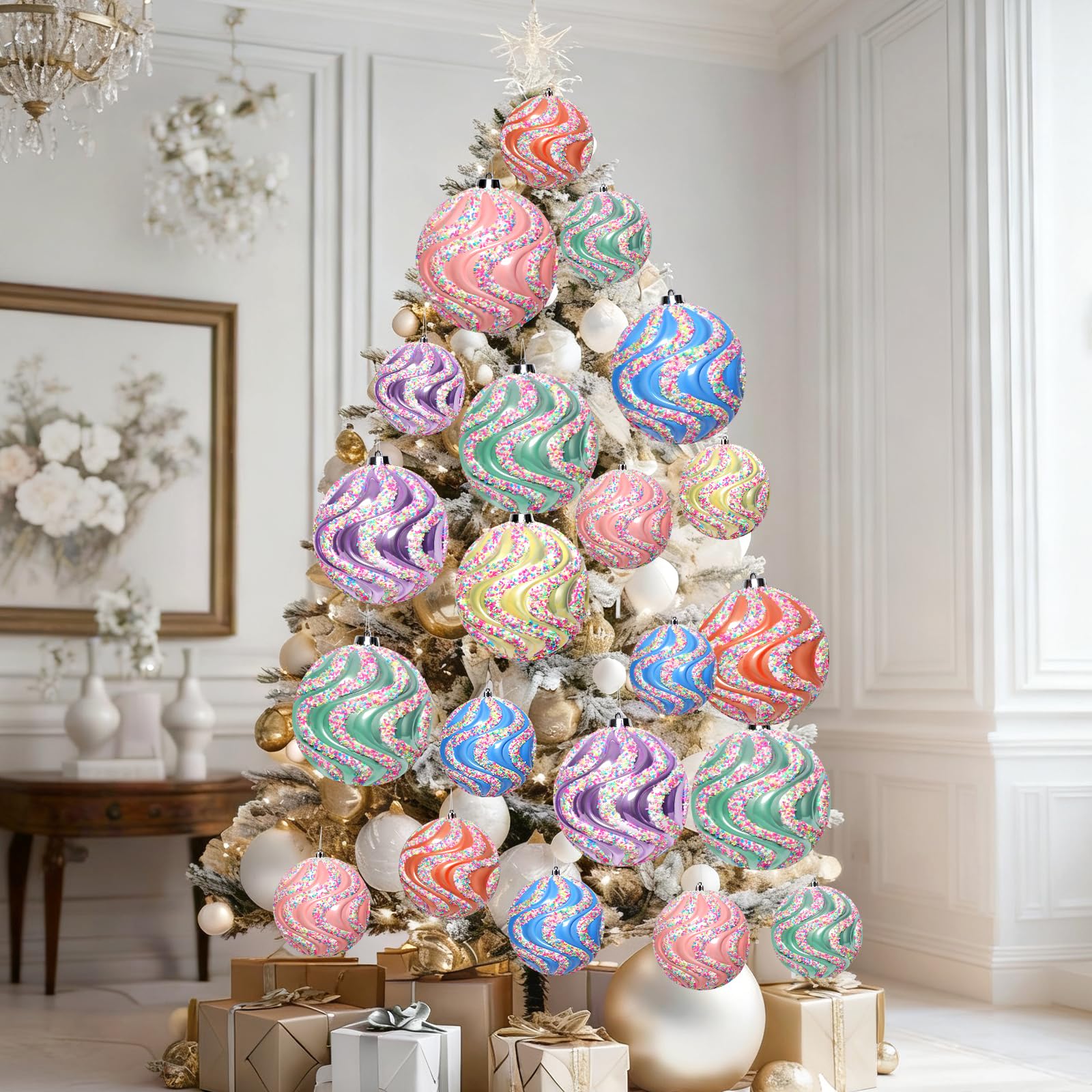 Lanpn 6 Pcs 15cm Grosse Boule de Noel Pastel Exterieur, Grande Boules Sapin Noël en Plastique, Boule Grande Incassables avec Fil Suspension, Décoration Bonbon de Arbre de Noël Jardin Pelouse Fêtes