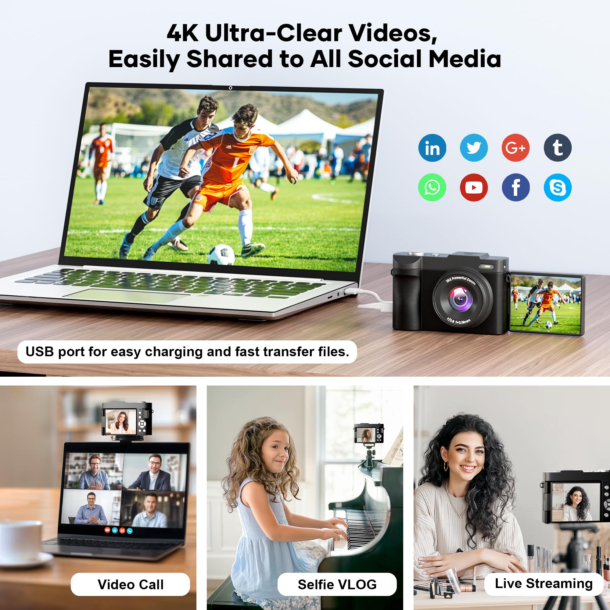Fotocamera digitale 4K per la fotografia con messa a fuoco automatica, fotocamera da 50 MP con autofocus Vlogging da 2,8 pollici, 180 °, zoom 16x, fotocamere compatte con 64 GB, scheda SD e 2 batterie