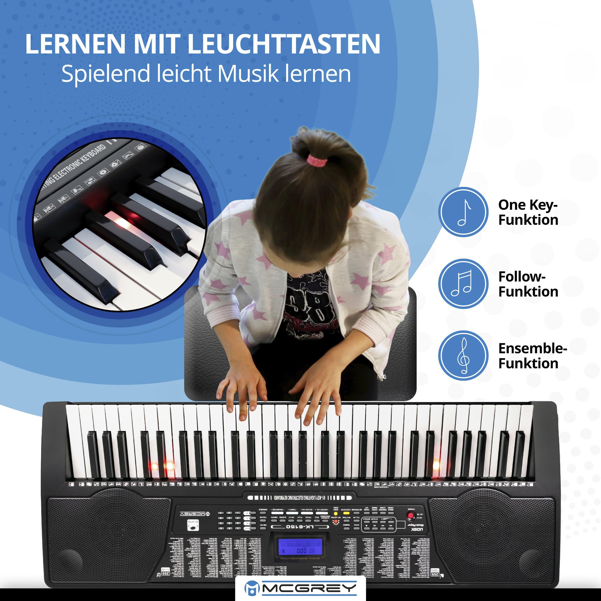 McGrey LK-6150 61 Tasten Keyboard Set - Einsteiger-Keyboard mit 61 Leuchttasten - 255 Sounds und 255 Rhythmen - integrierter MP3-Player - inkl. Ständer und Hocker - Schwarz