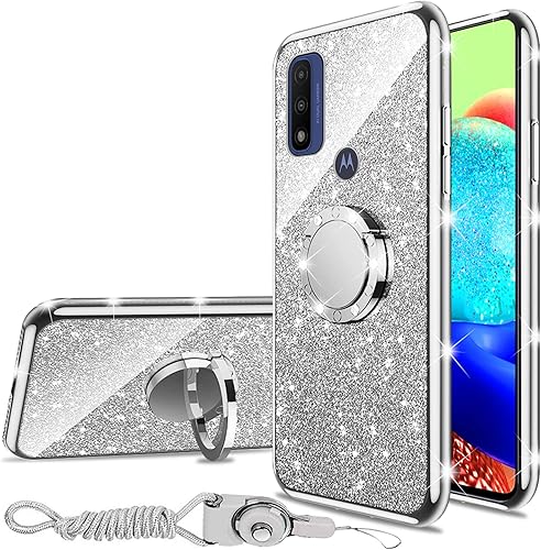 Miniatura 8 de Funda de teléfono para Moto G Pure 2021, para Moto G Power 2022, funda delgada de TPU de lujo con purpurina y soporte de anillo y correa para Oro