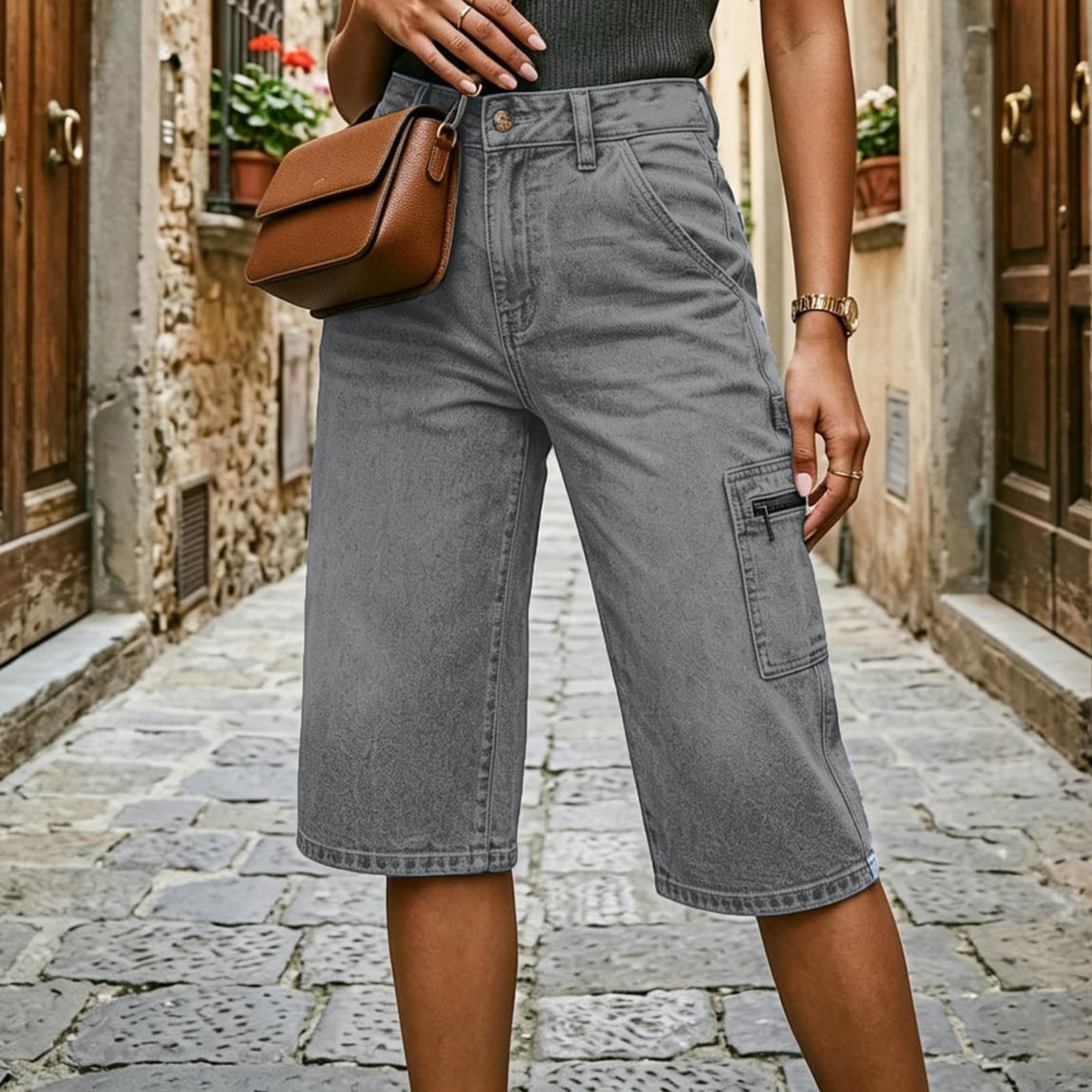 Pantalones Casuales Bolsillos Laterales Cremallera, Vaqueros Mezclilla Liso, Corte Holgado Pierna Recta, Mujer