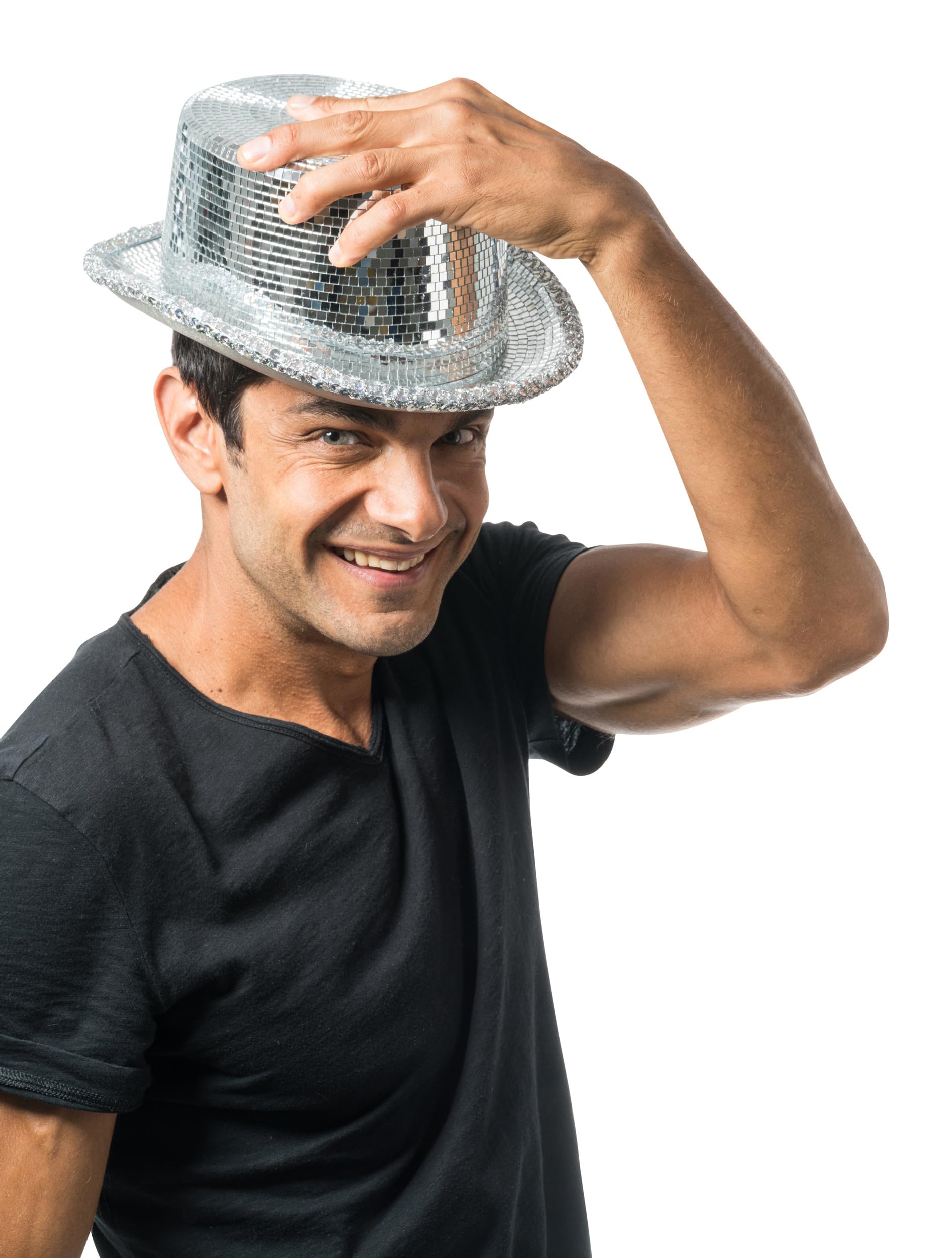 Chaks - Sombrero de copa, sombrero con purpurina de bola de discoteca | Sombrero de espejos para festivales y fiestas, sombrero de copa plateado con plaquitas de espejo, complemento para disfraces