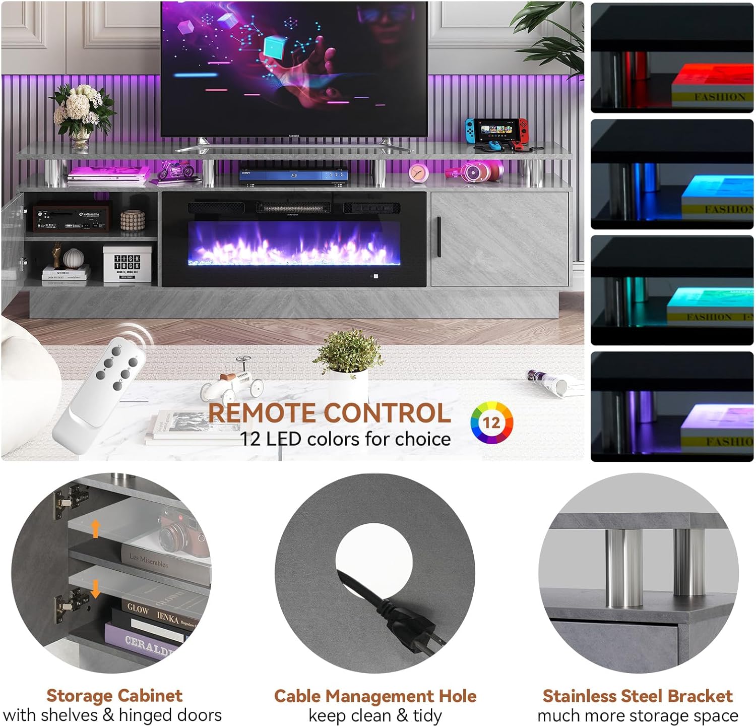 80" Fireplace TV Stand, 2-Tier LED Entertainment Center with 36" Fireplace, Fits TVs up to 90", Modern High Gloss TV Console with LED Lights & Storage Cabinets for Living Room, Gray + Black