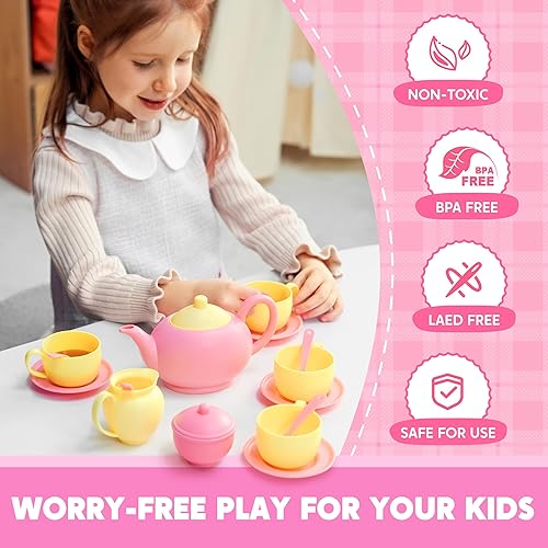 Miniatura 3 de JOYIN Juego de 18 piezas de fiesta de té de simulación, juego de té de plástico rosa, mini cocina para niños, regalos para niños pequeños, regalo