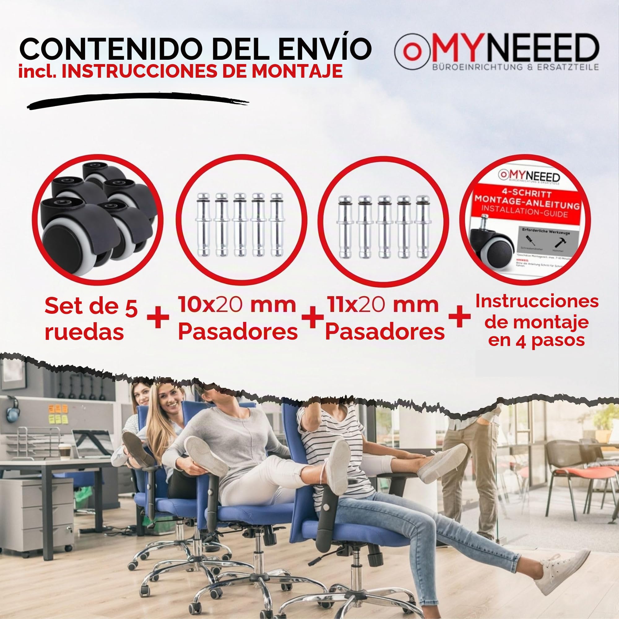 Ruedas Para Suelo Duro de 10mm y 11mm para Silla de Oficina - Silla de seguridad con ruedas sin pasador para laminado, parquet