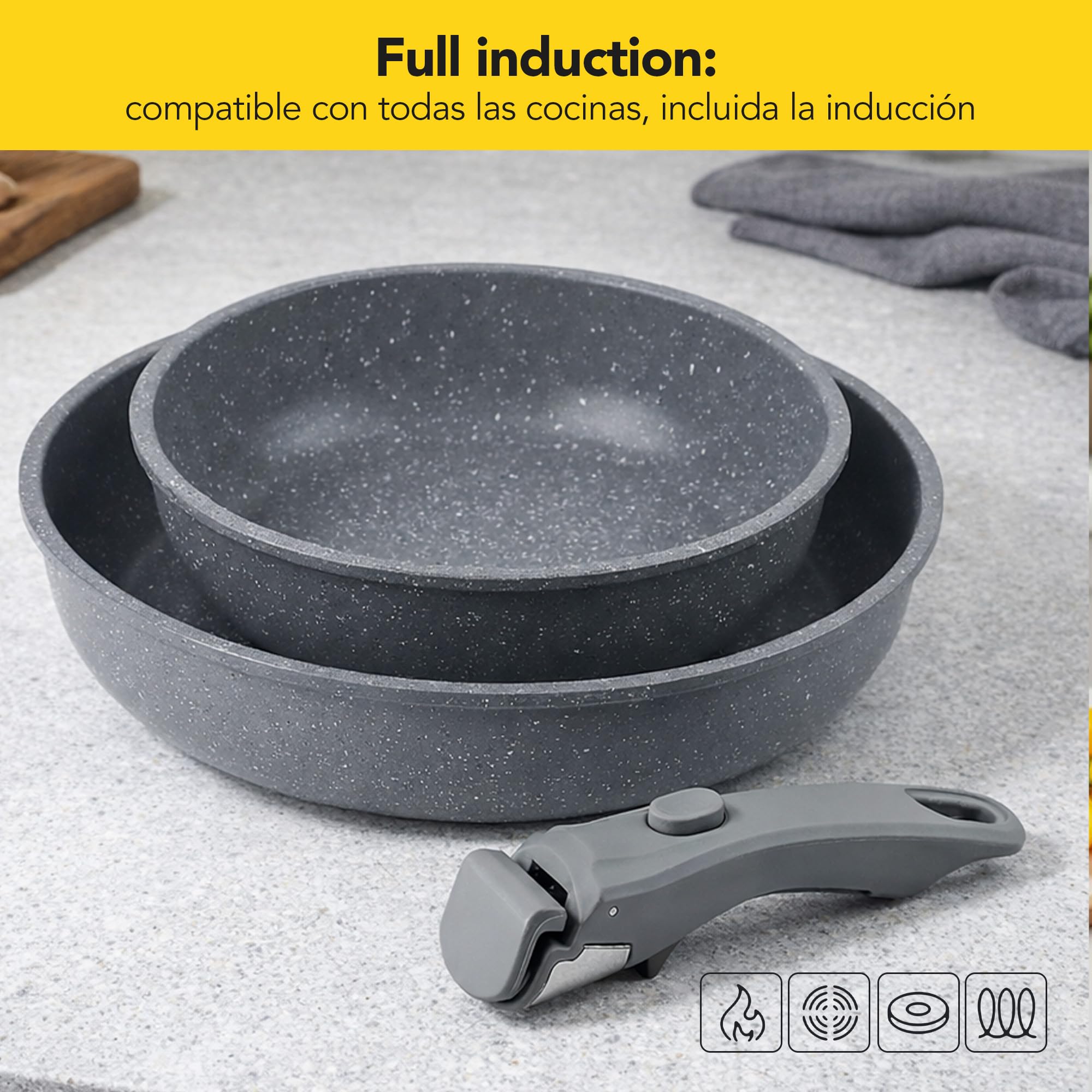 CASTEY - Easy Pan Duo, Set de Sartenes con Mango Desmontable, Aluminio, Doble Recubrimiento Antiadherente, Apto para Horno y Todas las Cocinas, Fácil Limpieza, Gris