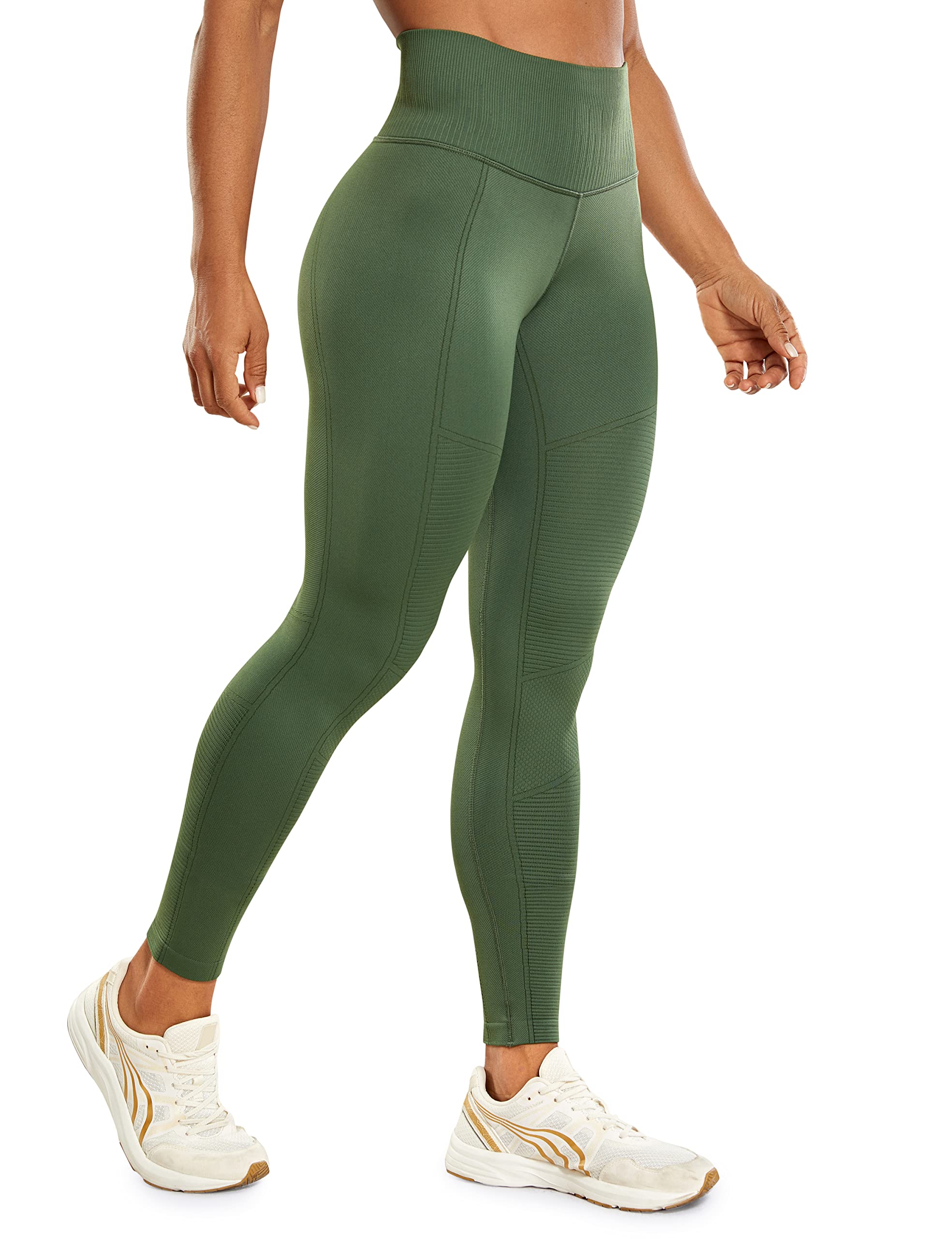 CRZ YOGA Women's Seamless Workout Leggings 25 Inches - Ribbed High Waisted Yoga Pants Moto Gym Leggings Winter Moss XX-Small