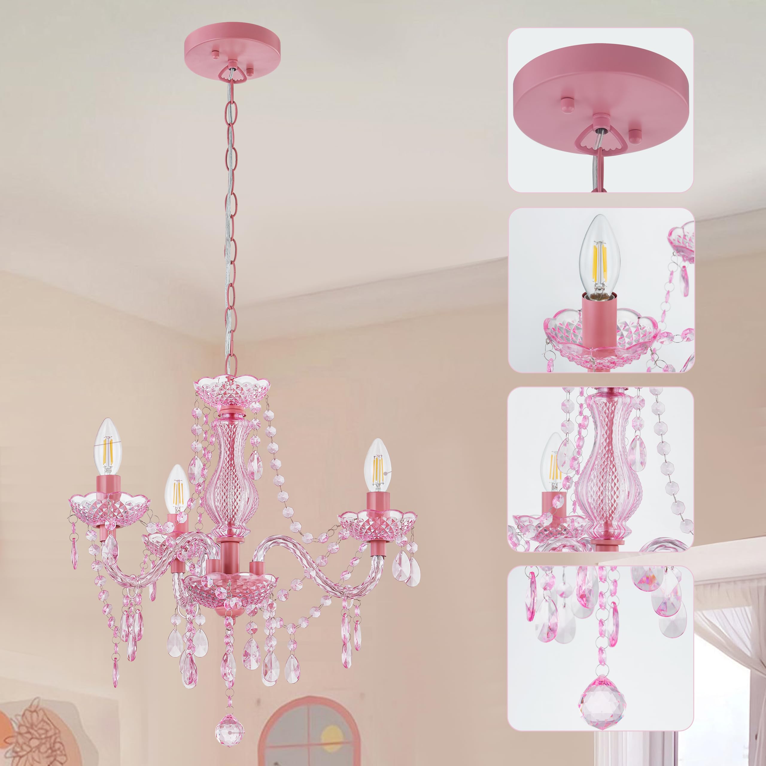 GyroVu Kroonluchter voor de woonkamer, 3 lichts mini acryl hanglamp met verstelbare ketting, roze plafondlamp voor eetkamer, woonkamer, slaapkamer GyroVu Kroonluchter voor de woonkamer, 3 lichts mini acryl hanglamp met verstelbare ketting, roze plafondlamp voor eetkamer, woonkamer, slaapkamer
