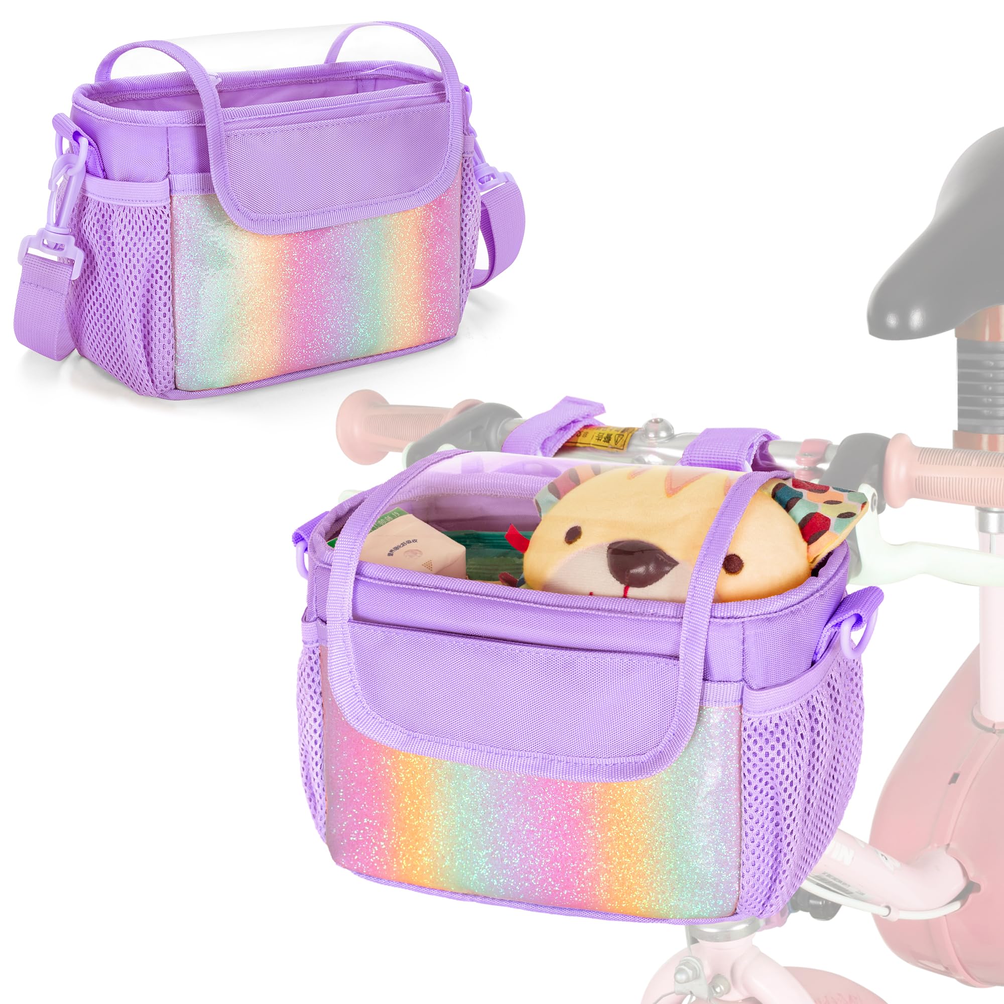 GRAOSO Kids Bike Basket, Bicycle Front Bag, Cute Bike Accessories for Girls Boys Fit Most of Handlebar, Tricycle, Scooter Bag with Detachable Shoulder Strap, Purple (Bag Only), Patented Design