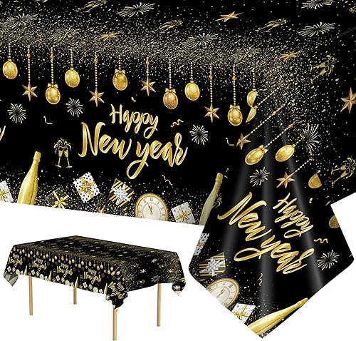 2 manteles de plástico con texto en inglés "Happy New Year"  Suministros para fiesta de Año Nuevo 2026, mantel desechable grande para mesas de