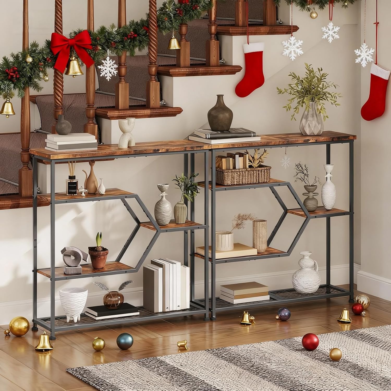 Console Table, 31.5'' Narrow Long Entryway Table, 5-Tier Thin Sofa Table with Open Storage Shelves, Foyer Table for Hallway, Entrance, Living Room, Bedroom, Rustic Brown and Black CTHR13101