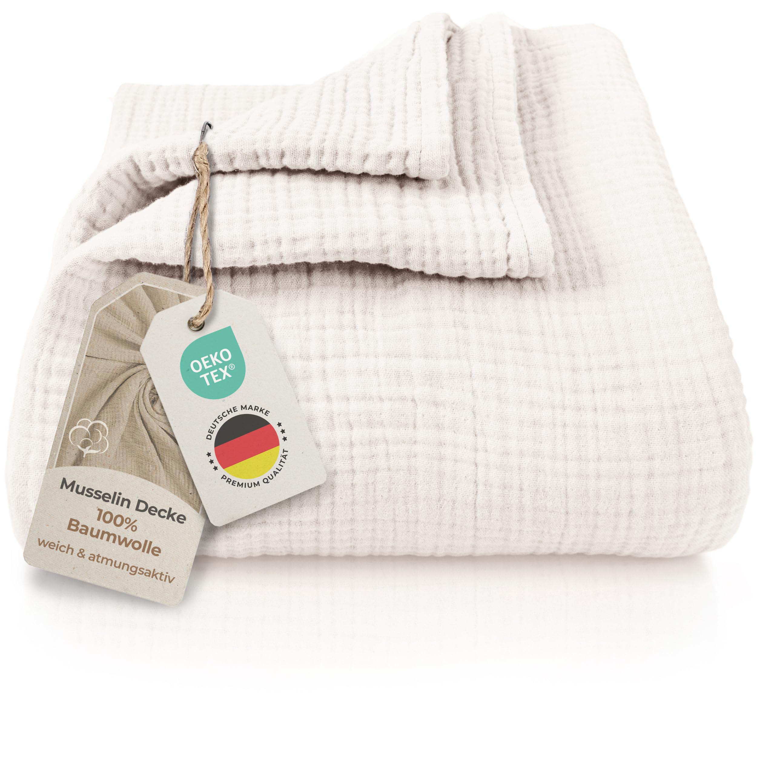 LAYNENBURG Colcha de Muselina Premium 180 x 220 cm - 100% algodón - Manta de algodón Extra Suave como Manta acogedora, Manta de Cama, Manta de sofá, Manta de sofá (Crema)