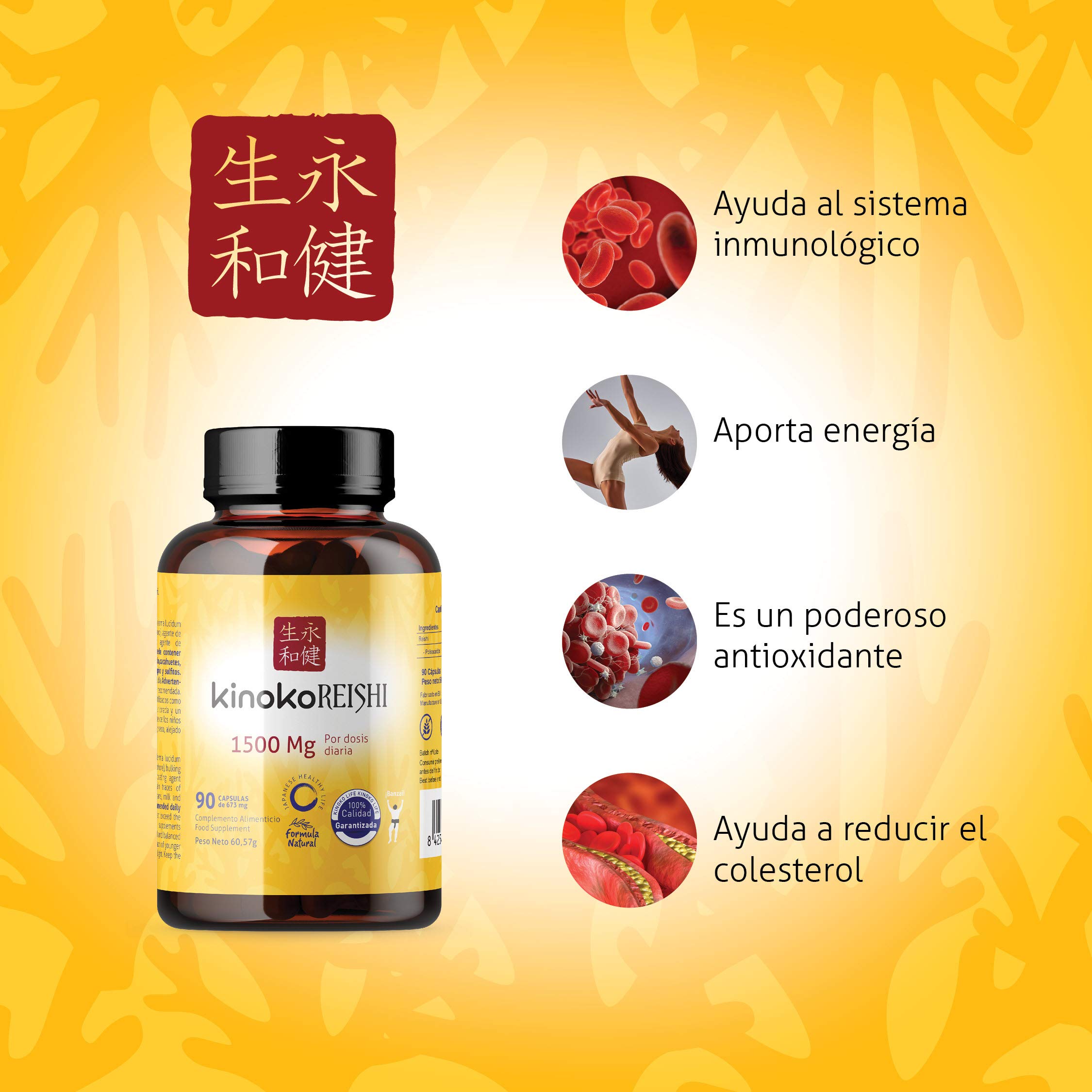 Reishi Puro Cápsulas 1500 mg Ganoderma Lucidum Rojo Extracto Concentrado 20:1 con 50% Polisacáridos Beta Glucanos 90 Cápsulas Veganas. KinokoReishi