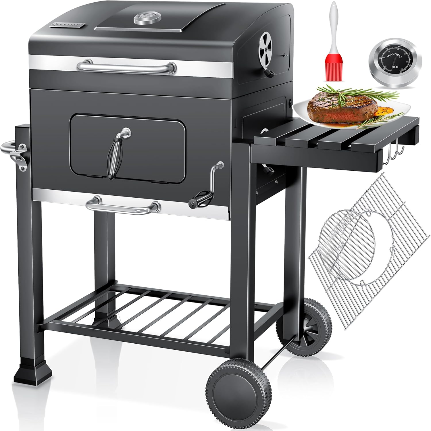 KESSER® Grill Trolley XXL Charcoal Grill with Lid, Wheels, Stainless Steel Handle, Grill Grate and Thermometer Charcoal Grill (Grey/Silver)