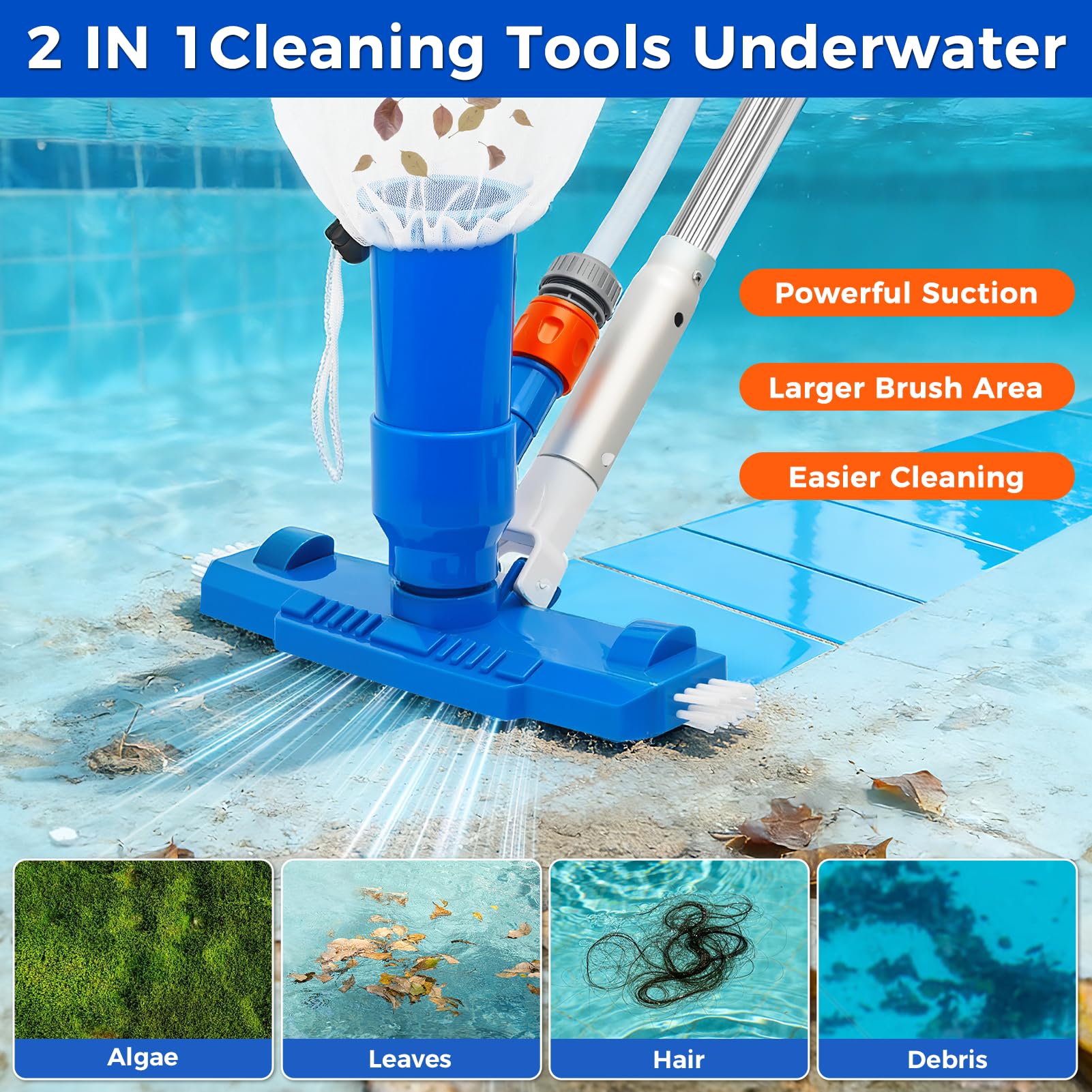 1.4m Pool Cleaning Kit, Swimming Pool Vacuum Cleaner with 5 Pole Sections, Pool Maintenance Kits with Pool Nets, Pond Vaccum Cleaner with Large Capacity Skimmer Net, Hot Tub Vac to Clean Dirty - 2