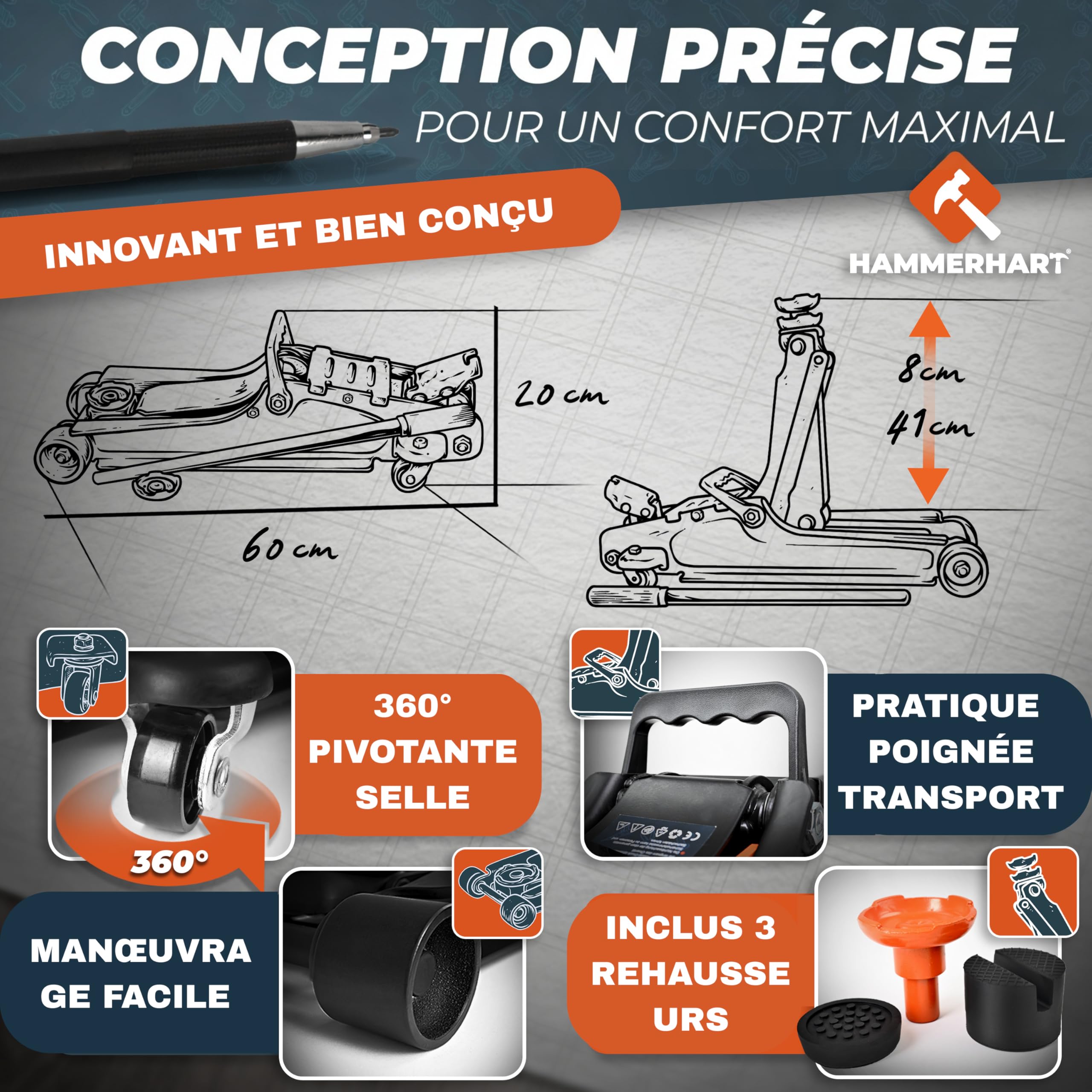 Cric hydraulique 2,5 t | Cric homologué TÜV avec Une Hauteur de Levage de 85 à 384 mm | Cric Professionnel avec 2 Patins en Caoutchouc, roulettes pivotantes à 360°, poignée en T et Coffret