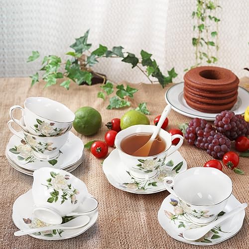 Miniatura 5 de Foraineam Juego de taza de té y platillo, tazas de café floral marfil de porcelana con platillos y cucharas, juego de taza de té de 6 onzas con