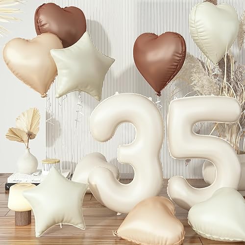 35th Birthday Decor, Cream Brown Tan Helium Number 35 Balloon, Heart and Star Balloons, Neutral Beige Sand White Nude Foil Set for Women Birthday Wedding Anniversary Party Boho Decoration - Cream - XXL - Number 35