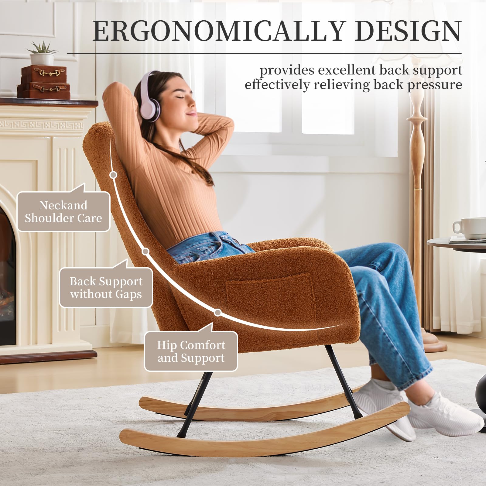 GarveeLife Silla Mecedora Ergonómica De Descanso, Respaldo Alto Tapizado En Peluche, Base De Madera y Patas Metálicas, Soporte 120kg, Sillón para Lectura, Hogar y Hostelería, Color Marrón