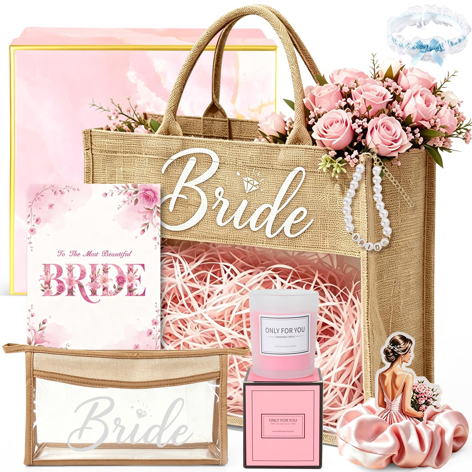 Bridal Shower Gifts for Wedding Bride to Be, Bride Gifts with Bag,Makeup Bag,Hair Tie,Bracelet,Garter for Hen Party Wifey Gift