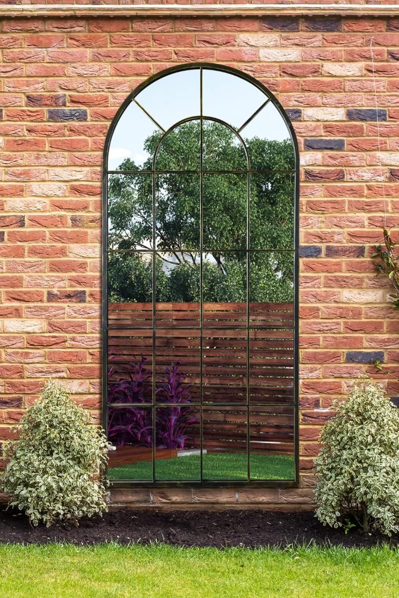 The Arcus - Antique Black Framed Window Modern Full Length Arched Garden Mirror 71" X 33.5" (180CM X 85CM) Silver Mirror Glass with Black All weather Backing.