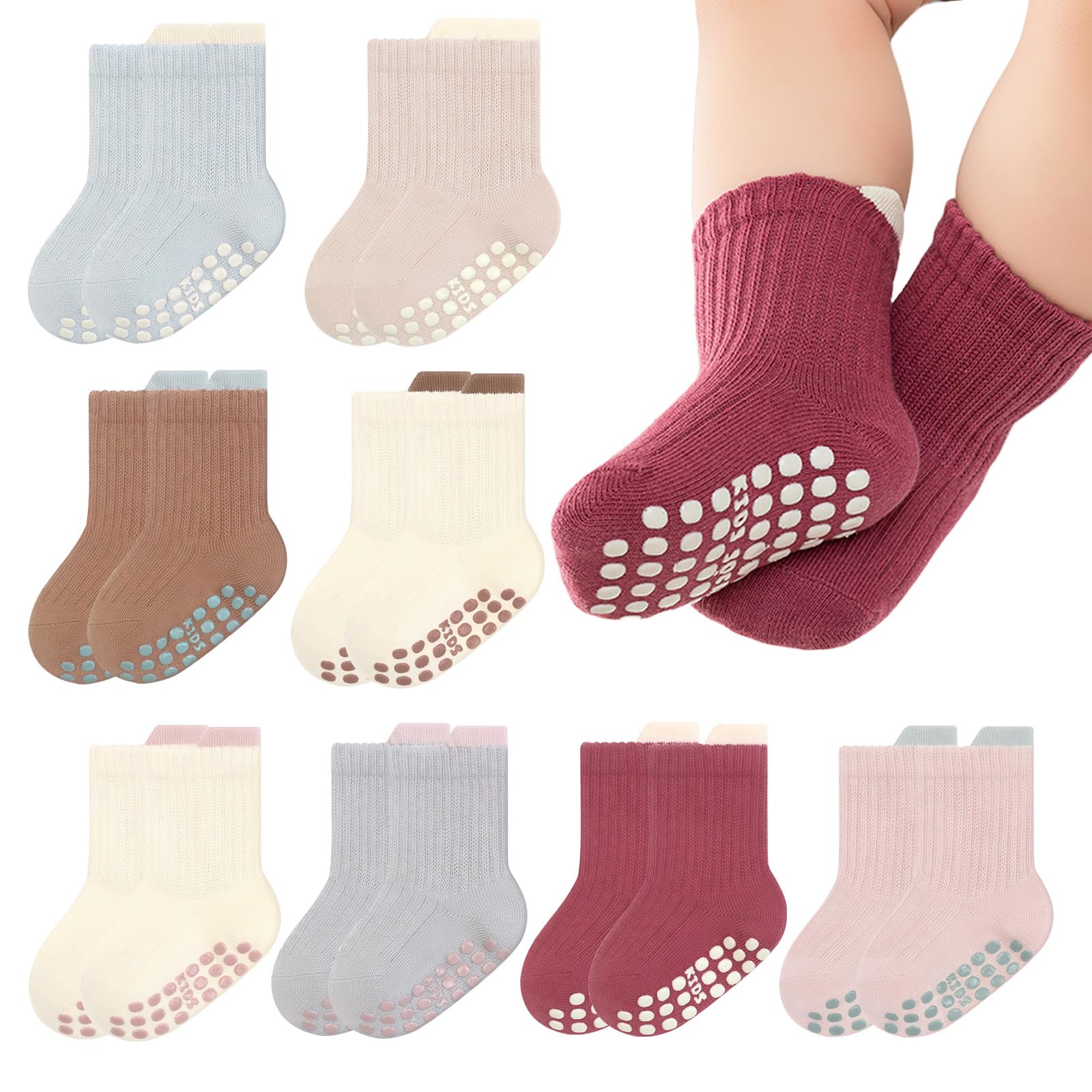 QHANSHIEE 8 Pairs Baby Toddler Socks Non-Slip Grip Socks for Boys Girls Newborn Infant Baby Cotton Crew Sock with Grips 0-5T