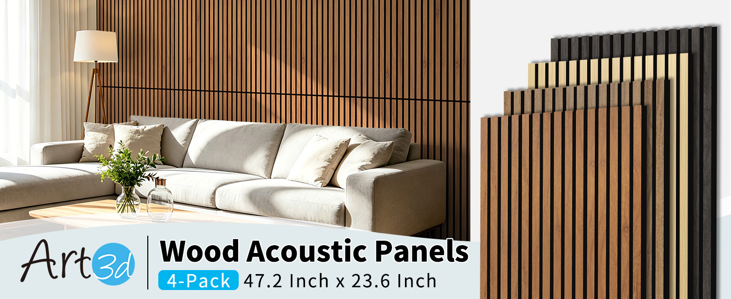 Image of Art3d 47 x 23.6 Inch Acoustic Wood Slat Design Wall Panels, 4-Pack, Walnut