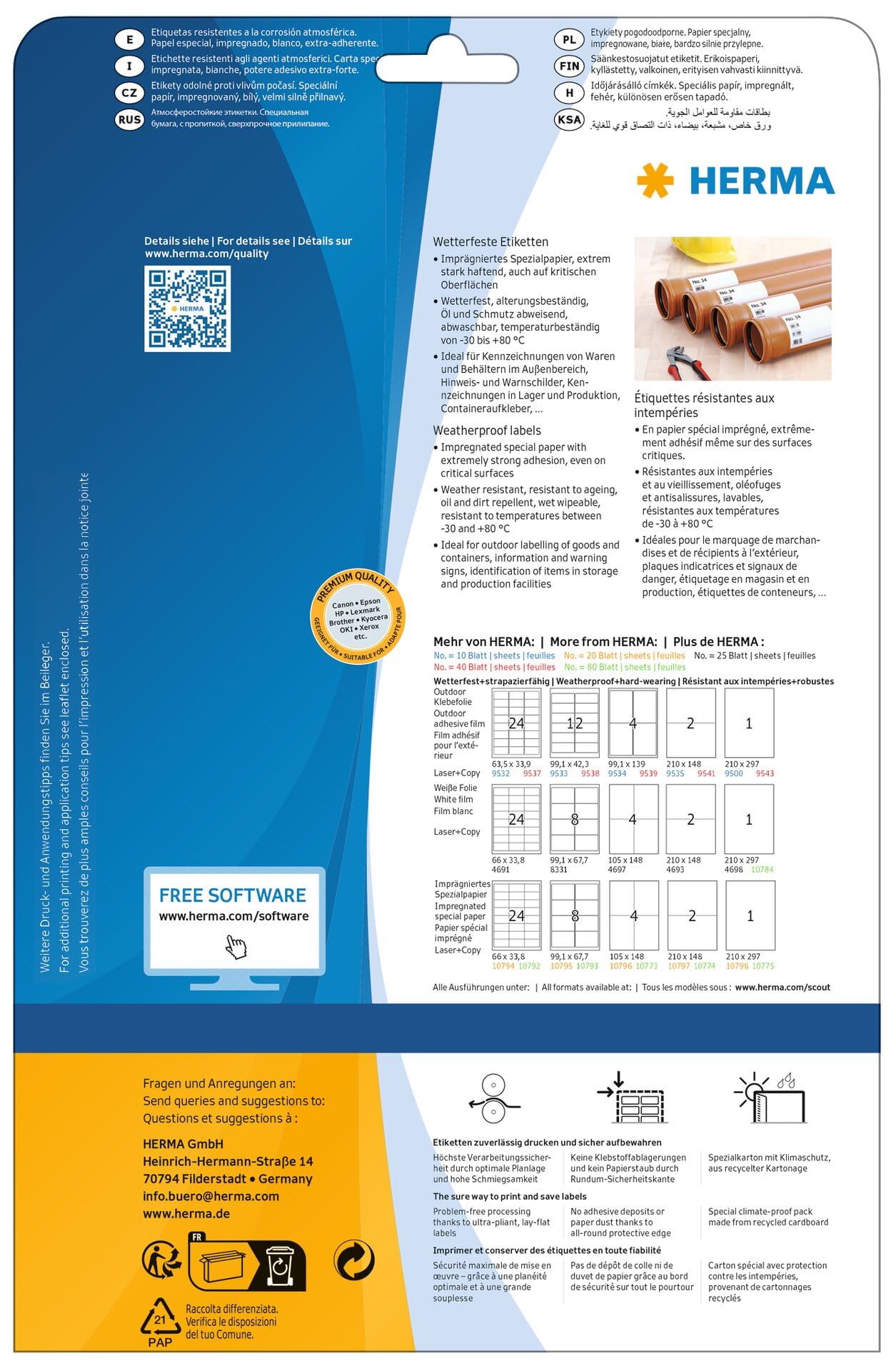 HERMA 10798 - Etichette resistenti alle intemperie, 20 fogli, 210 x 297 mm, 1 foglio A4, 20 pezzi, autoadesive, stampabili, opache, per esterni, in carta speciale, colore: Bianco