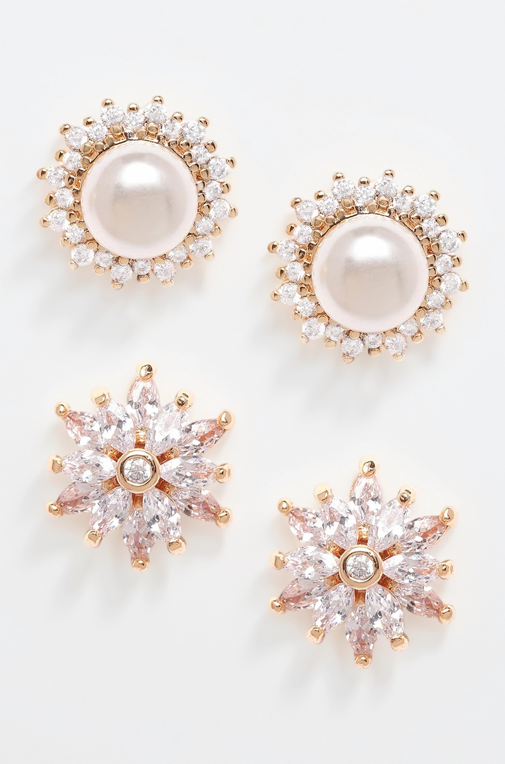 Set of 2 Gold Tone Contemporary Cubic Zirconia Brass Stud Earrings For Women-ZPFK11152