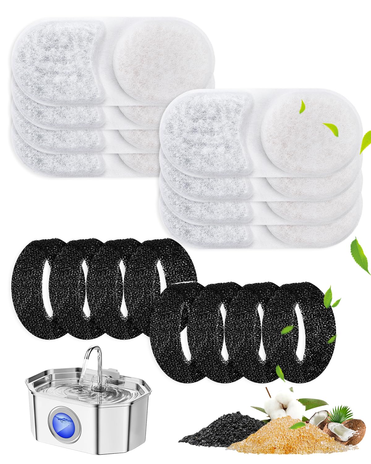ZaKaBox 16Pcs Cat Water Fountain Filters for APAUK 3.2L Cat water Fountain for Drinking, Activated 8 Carbon & 8 Sponge Filter