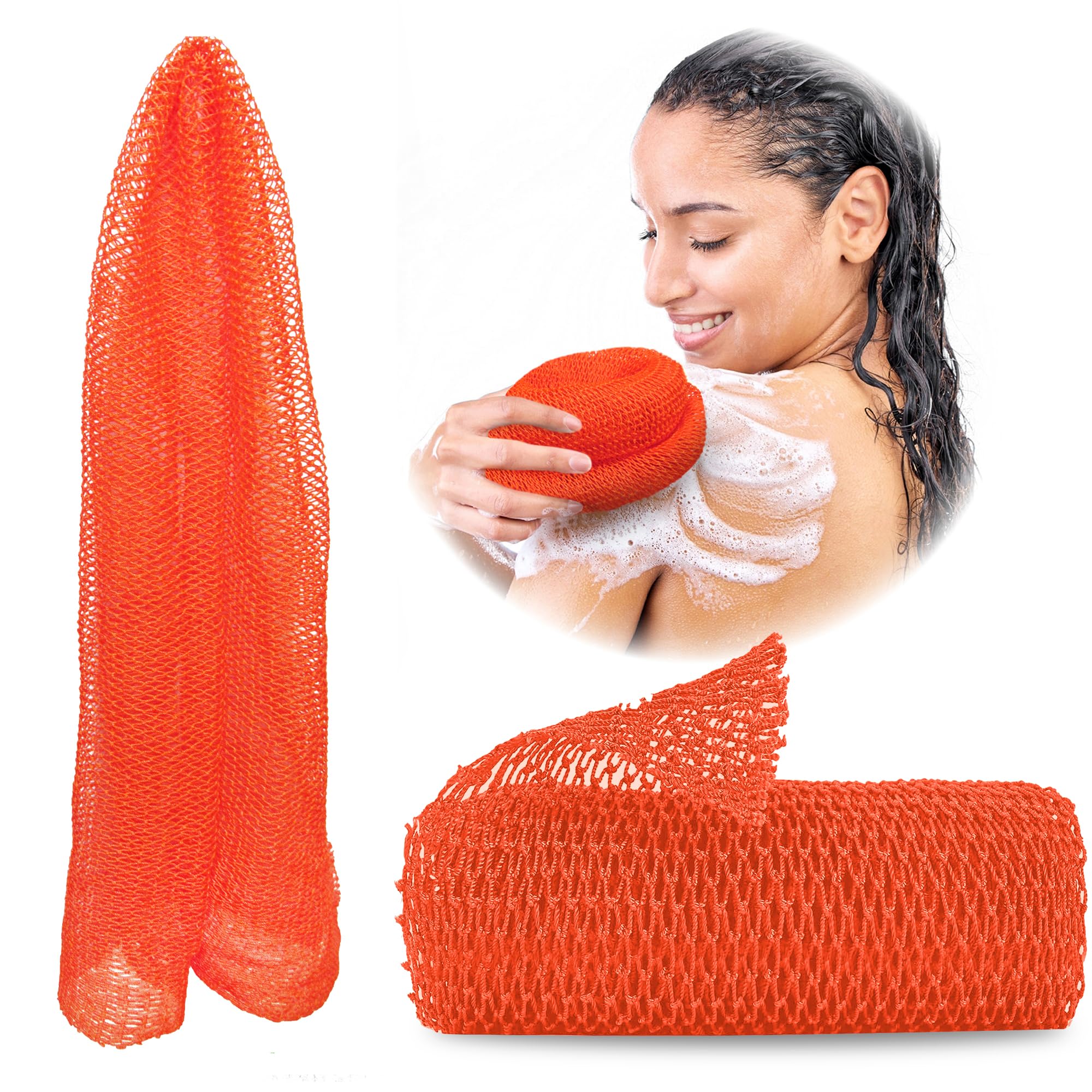 Adeton African Net Sponge, Exfoliating Body Scrubber, Body Exfoliator, Long Net Sponge, 17 Colors, Sapo, Shower Bath Accessories, Back Foot Scalp Scrub, Flat Dead Skin Remover Body Wash (Orange)