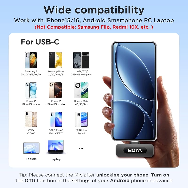 Microfon wireless BOYA BY-V20 USB-C cu anulare a zgomotului pentru smartphone-uri Android