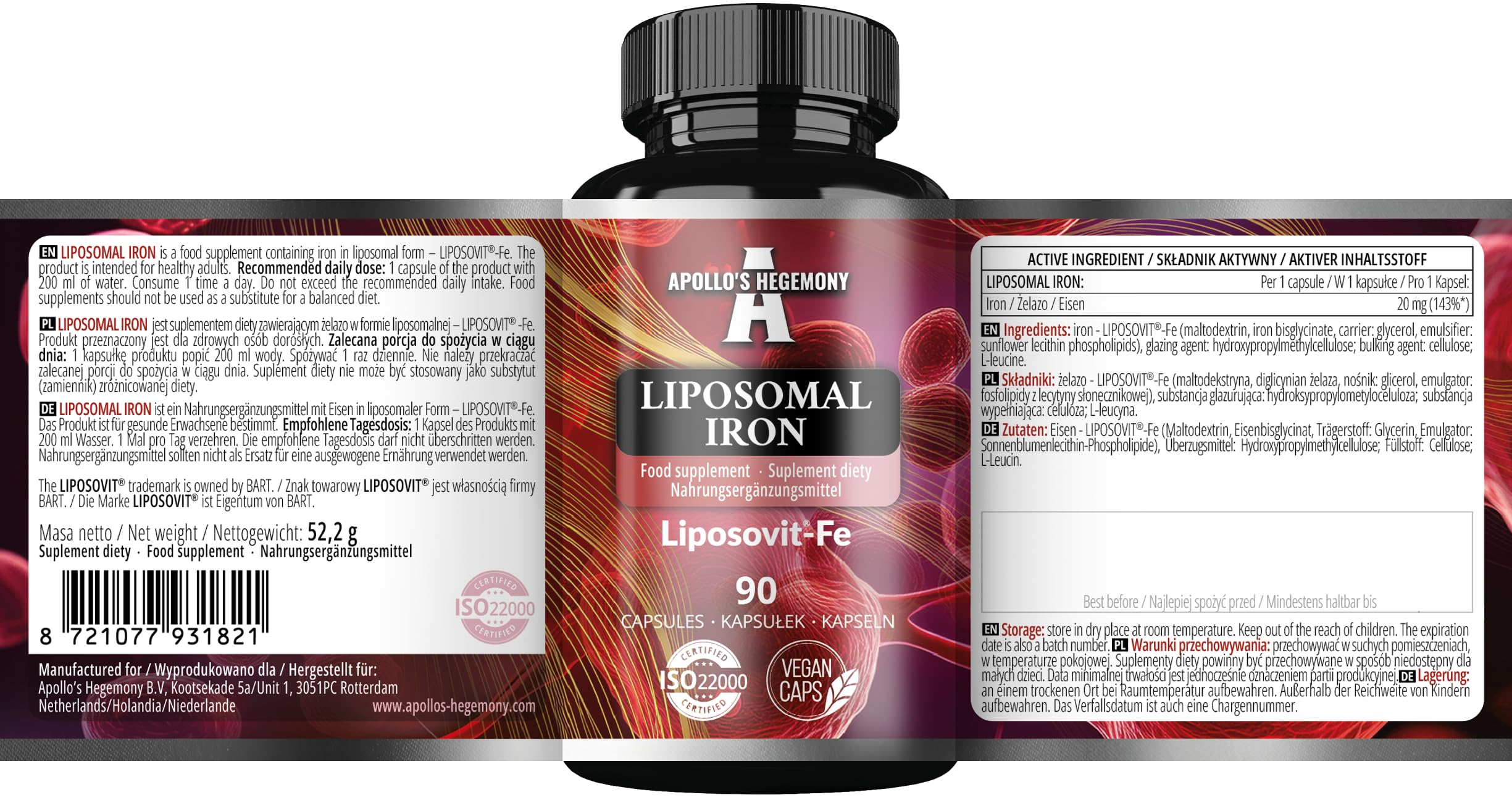 Fer liposomal 20 mg - 90 gélules végétaliennes - Fer à haute absorption avec Liposovit®-Fe - Soutien cognitif - Approvisionnement pour 3 mois - Par Apollo's Hegemony