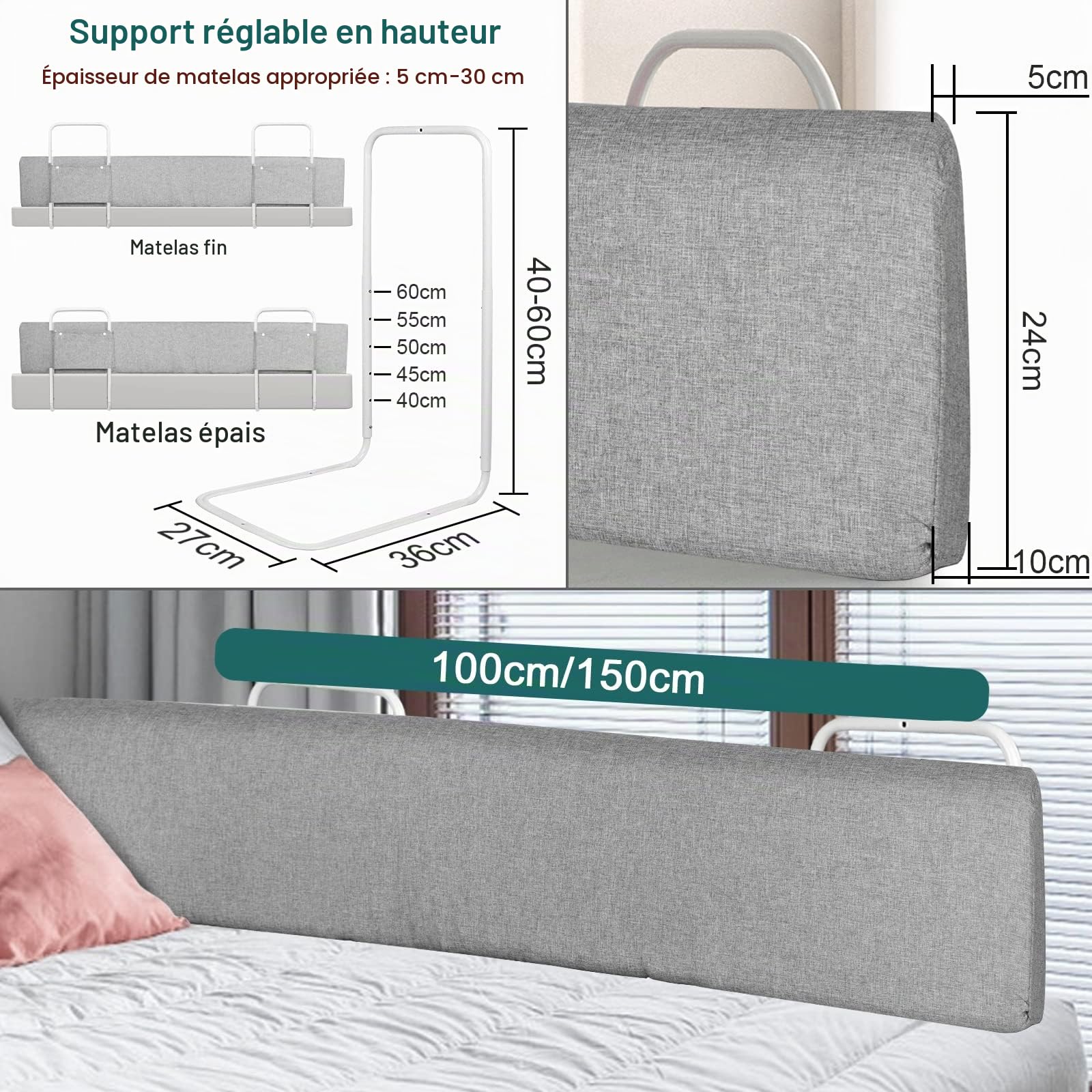 Froadp Barriere de Securite Enfant Lit Protection Antichute Lit Réglable en Hauteur Protection du Bord Lit avec Fermeture Éclair et Bouton-Pression Barrières de Lit Portables (100cm, Gris Lin)