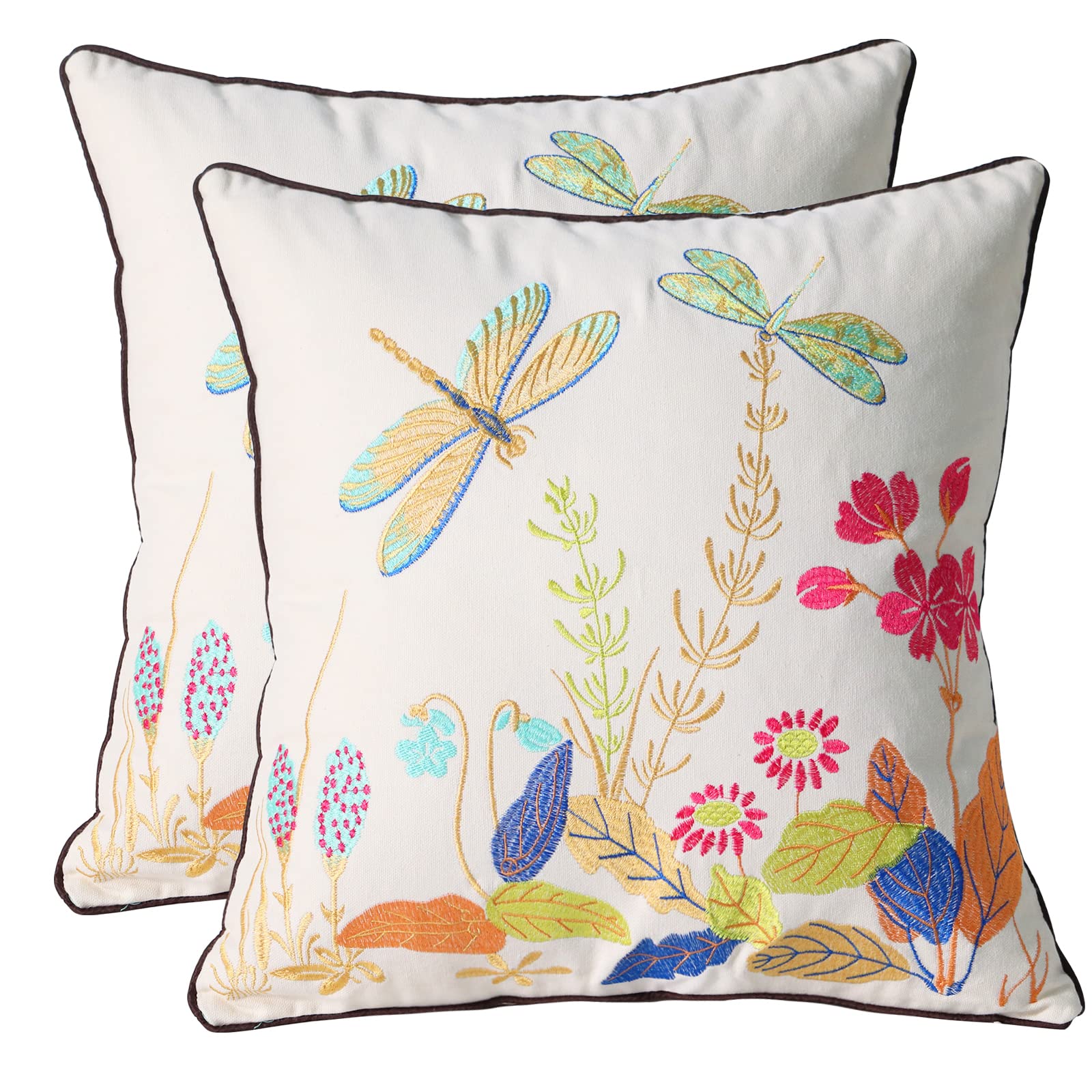 Pilmandu Set of 2 Embroidered Decorative Throw Pillow Covers Couch Square Pillowcases Cushion for Bedroom Sofa Farmhouse Decor 18x18 Inch (Dragonfly)