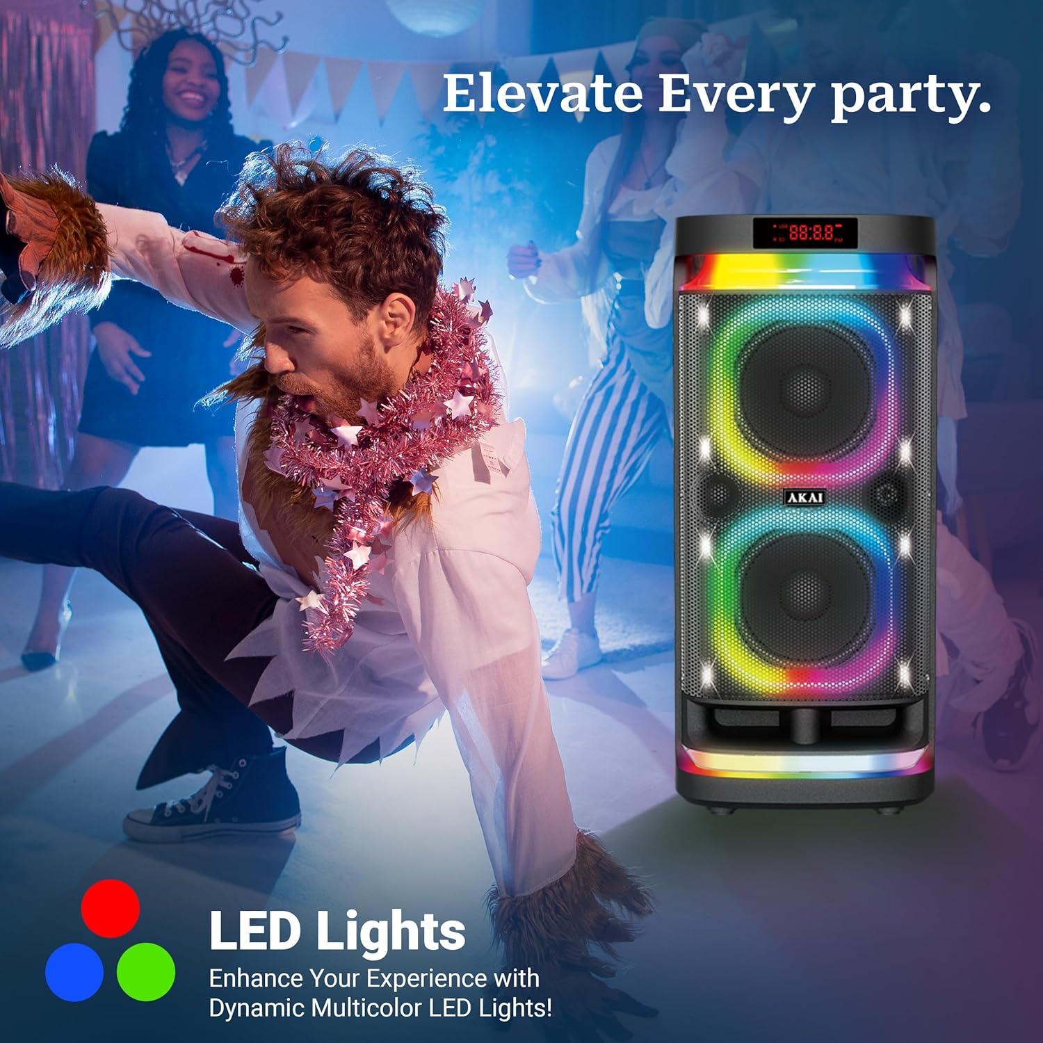 AKAI PM-160P speaker with dynamic LED lights in a party setting